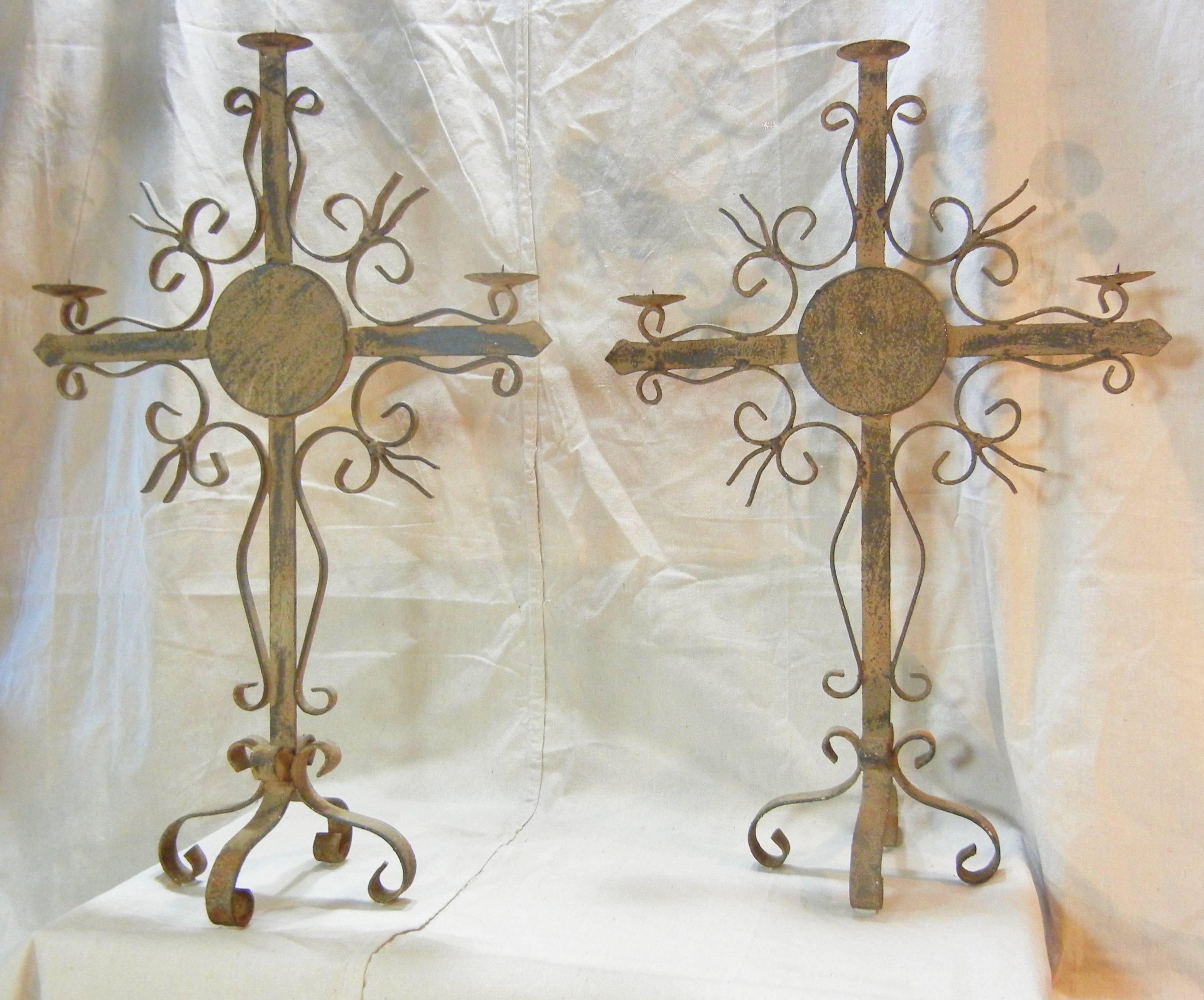 Pair of Gothic Revival Wrought Iron Candelabra, Weathered Patina, Quebec, 1880 2