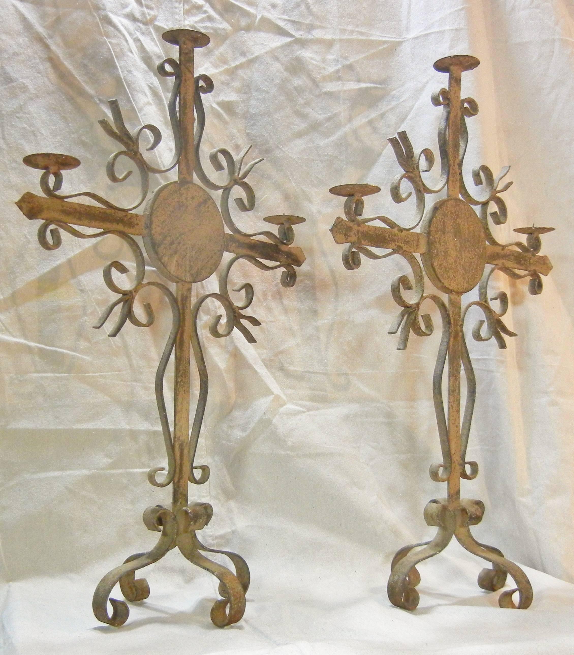 Pair of Gothic Revival Wrought Iron Candelabra, Weathered Patina, Quebec, 1880 3
