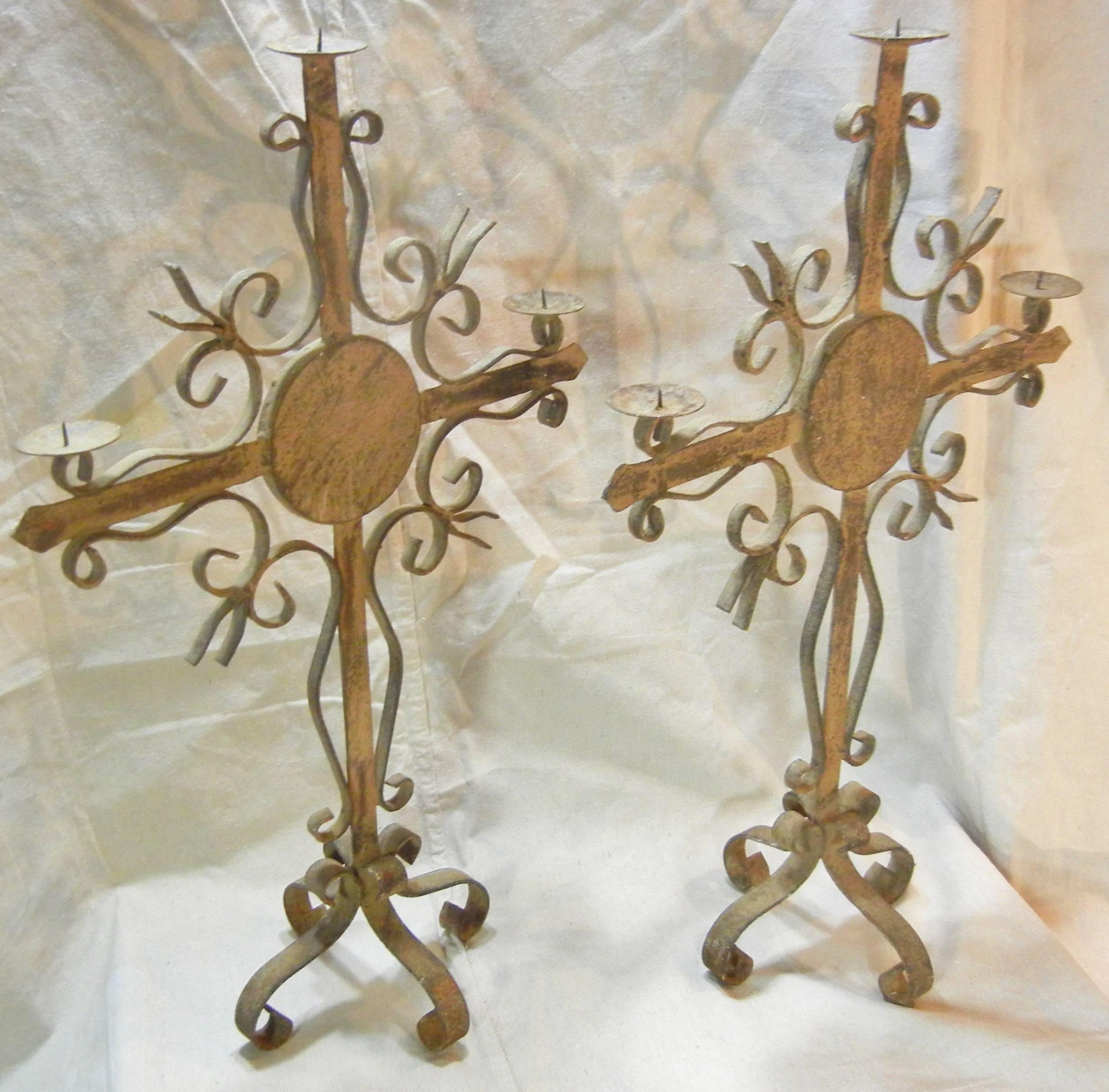 Pair of Gothic Revival Wrought Iron Candelabra, Weathered Patina, Quebec, 1880 4