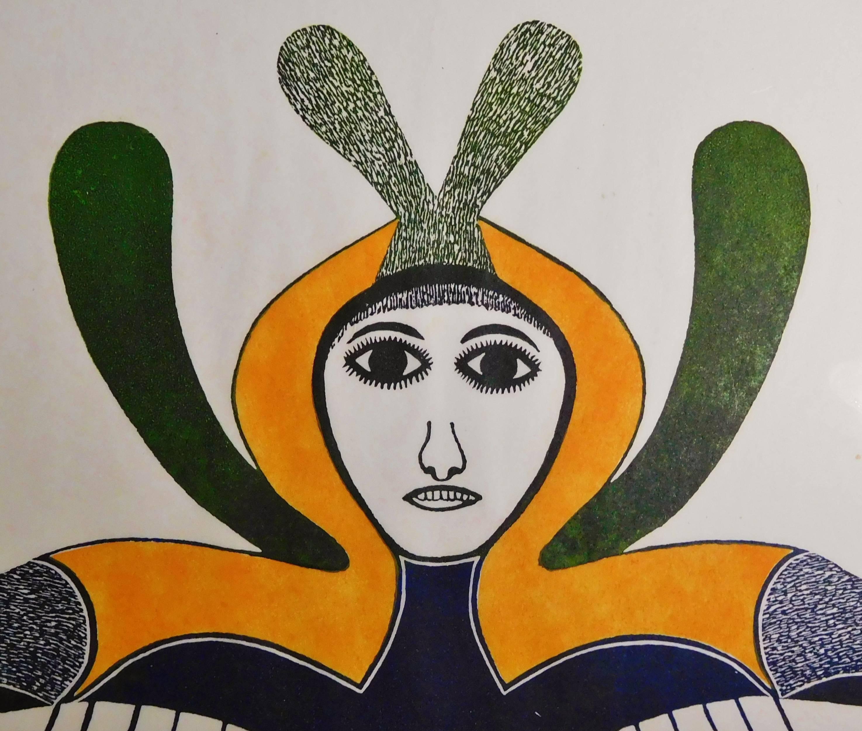 This vision of the Canadian artist Ningeeuga Oshuitoq (1918-1980) reflects the strong female spirit of the Inuit woman and her closeness with Nature and the spirit world.

This limited edition stonecut and stencil print is #13 of 50 from the 1979
