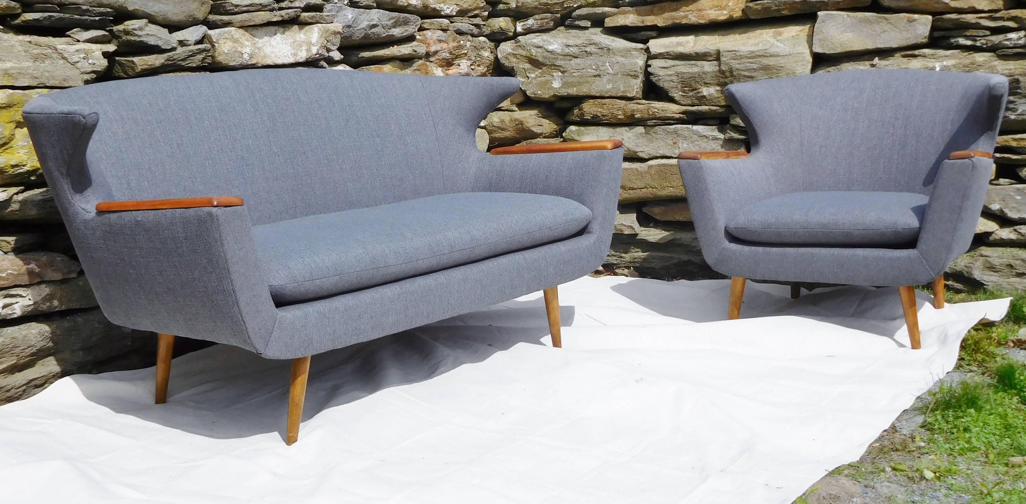 Scandinavian Wingback Two-Seat Sofa and Chair Set, Mid-Century Modern 3