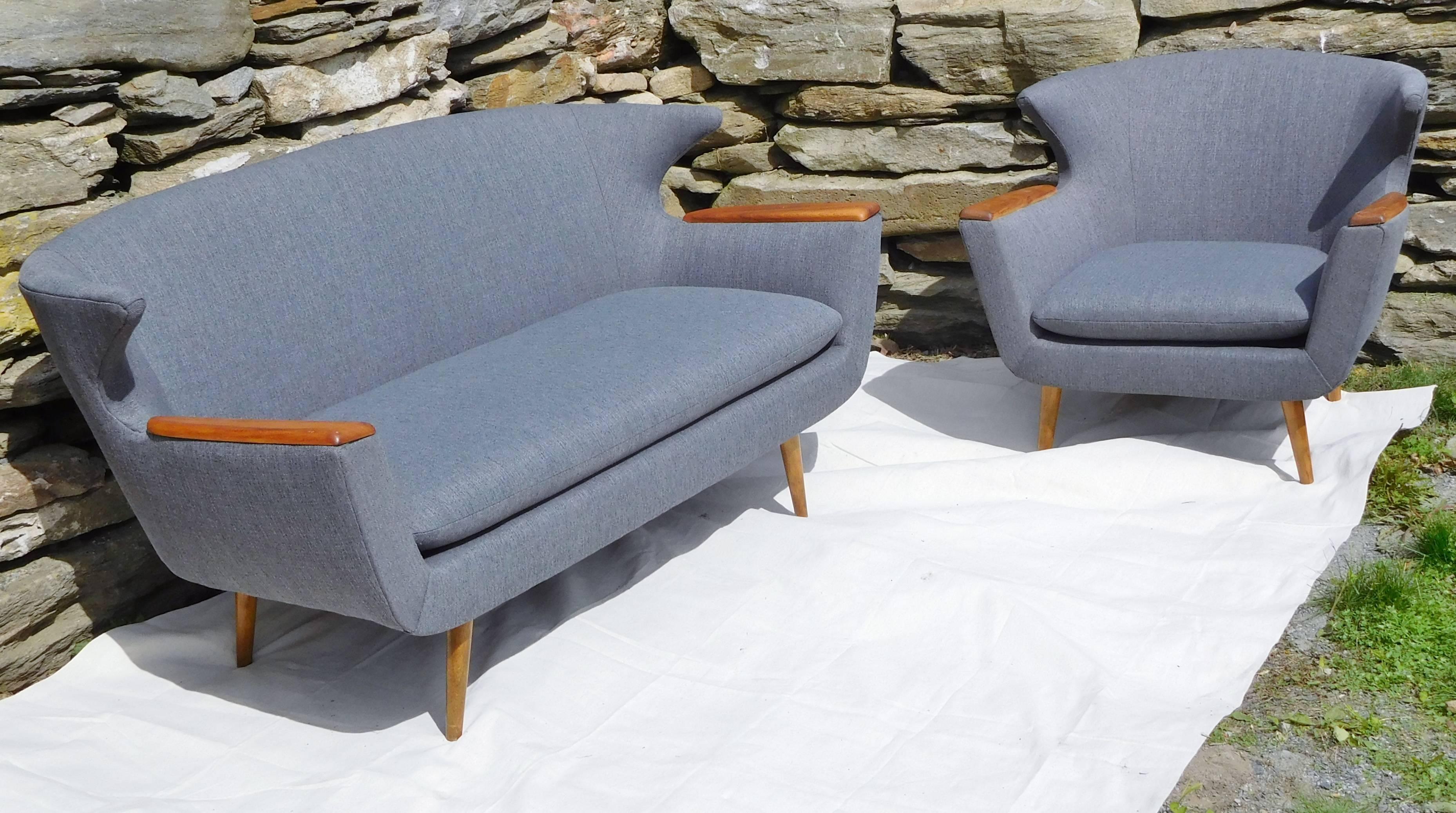 Stained Scandinavian Wingback Two-Seat Sofa and Chair Set, Mid-Century Modern