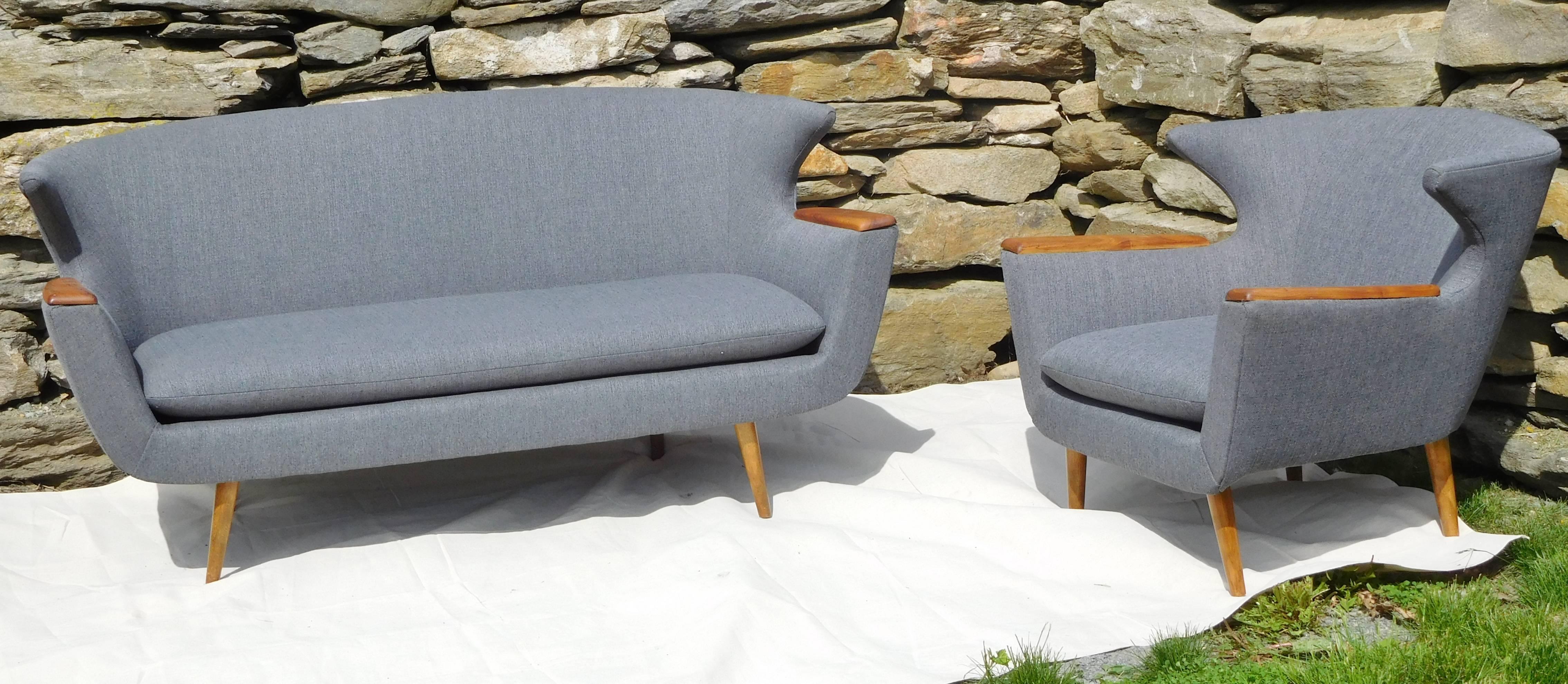 Fabric Scandinavian Wingback Two-Seat Sofa and Chair Set, Mid-Century Modern