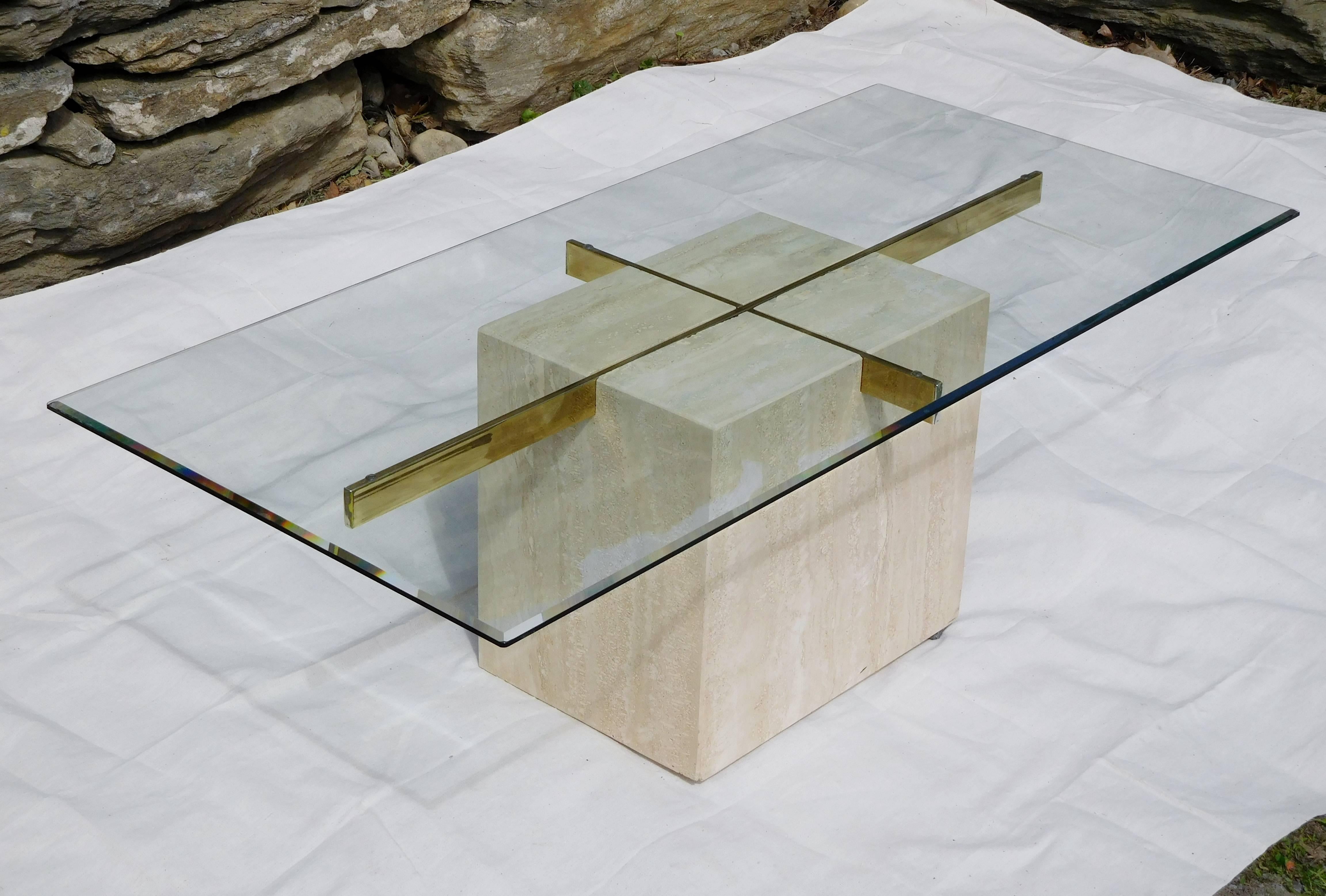 Artedi Vintage Coffee Table in Travertine, Brass and Beveled Glass, circa 1985 1