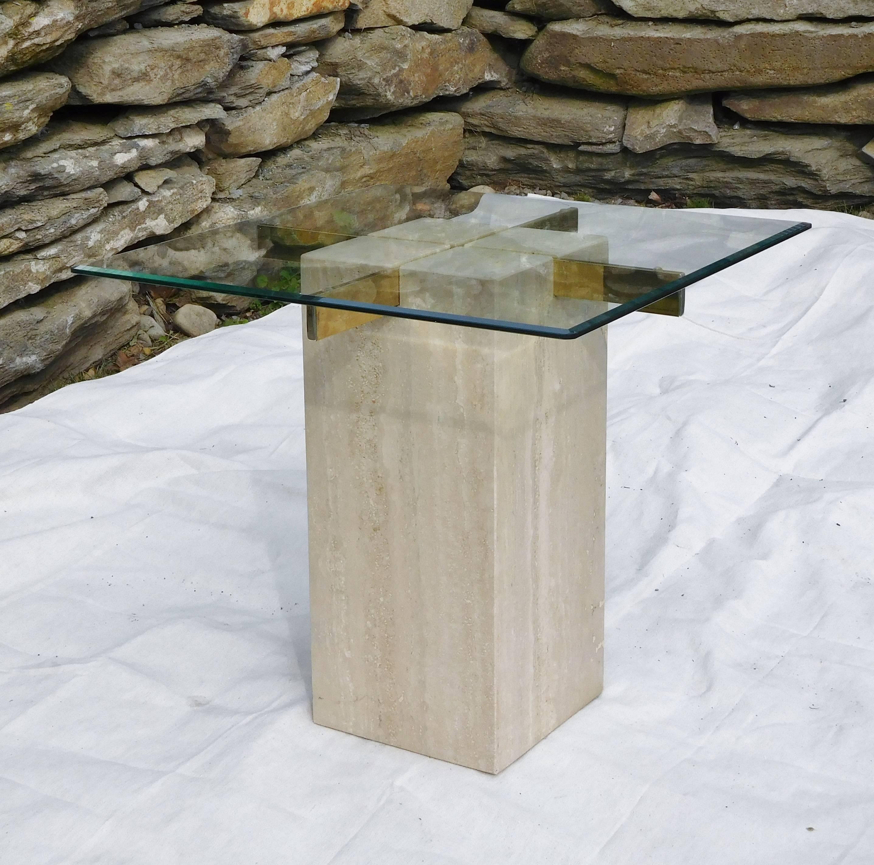 Modern Artedi Vintage Occasional Table in Travertine, Brass, Beveled Glass, circa 1985 For Sale