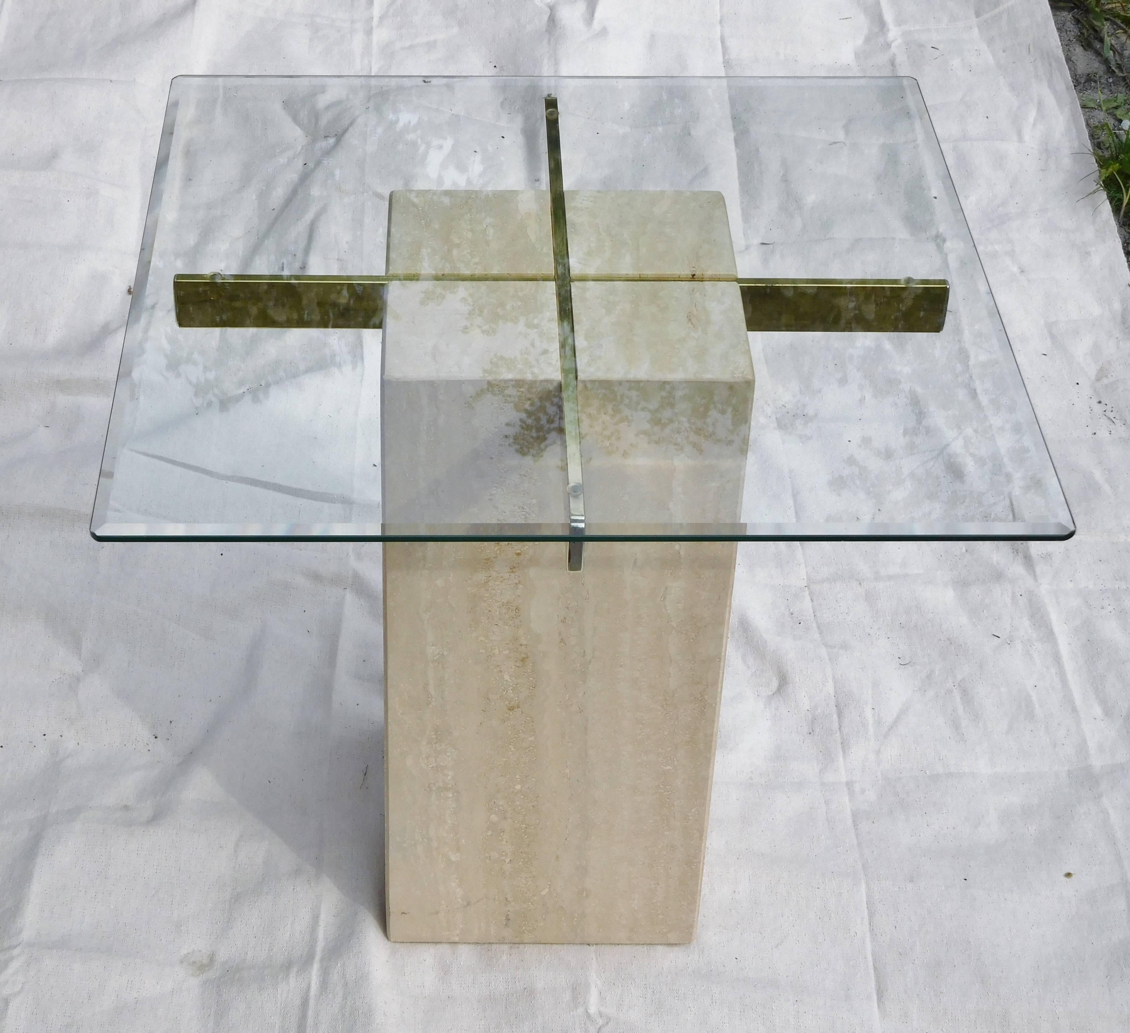 Artedi Vintage Occasional Table in Travertine, Brass, Beveled Glass, circa 1985 In Good Condition For Sale In Quechee, VT