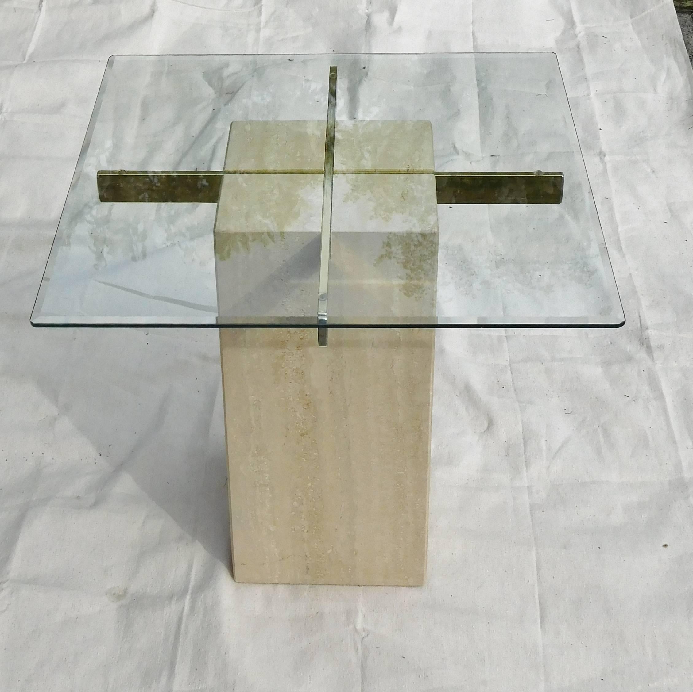 Late 20th Century Artedi Vintage Occasional Table in Travertine, Brass, Beveled Glass, circa 1985 For Sale