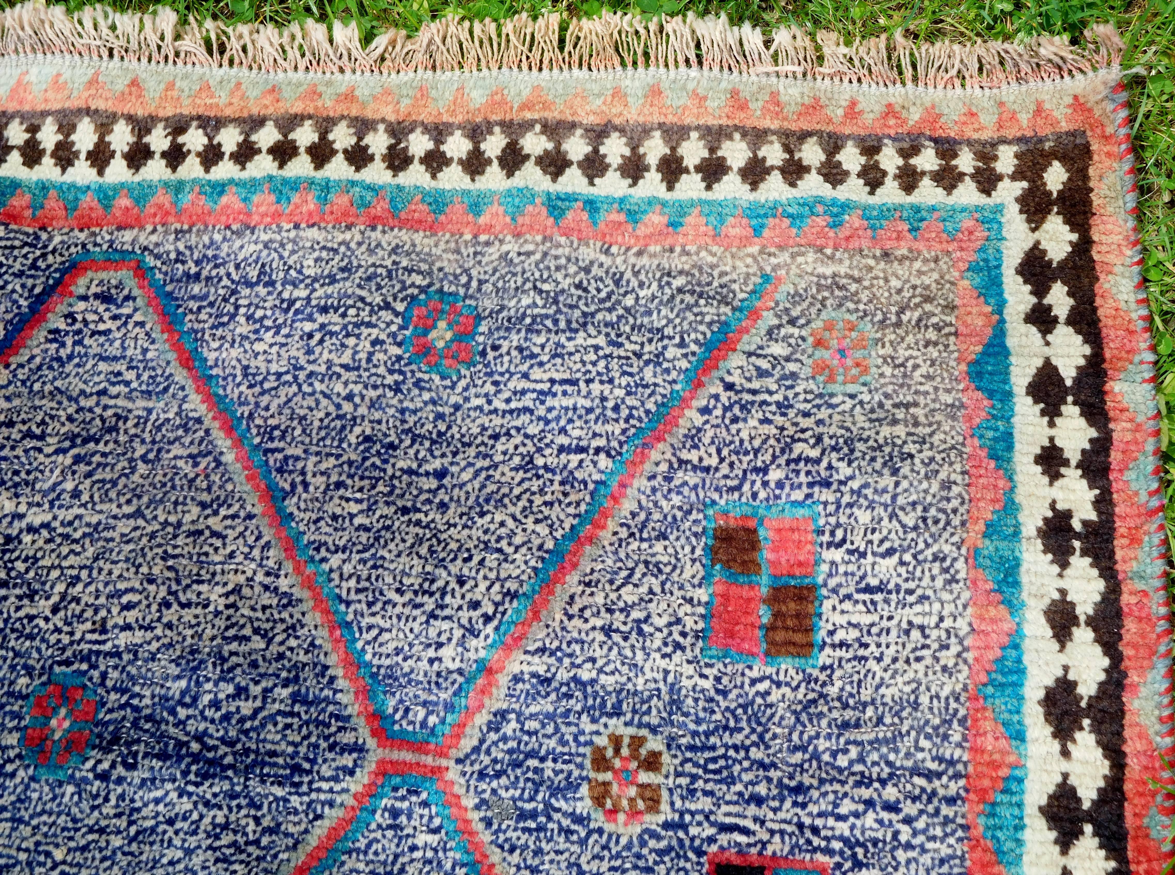 Tribal Vintage Persian Gabbeh Rug with Blue Field and Traditional Symbols, circa 1985 For Sale