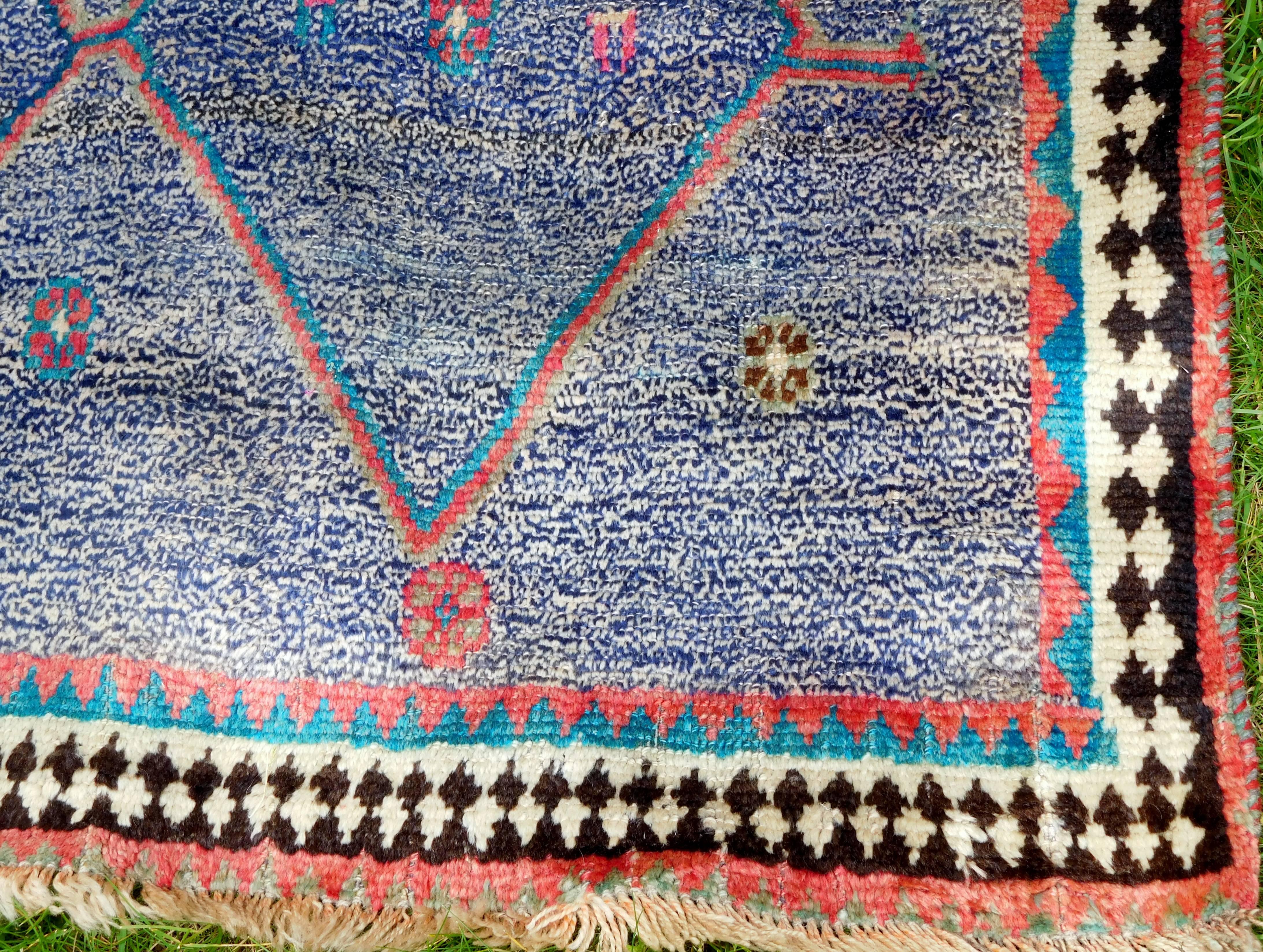 Vintage Persian Gabbeh Rug with Blue Field and Traditional Symbols, circa 1985 In Good Condition For Sale In Quechee, VT