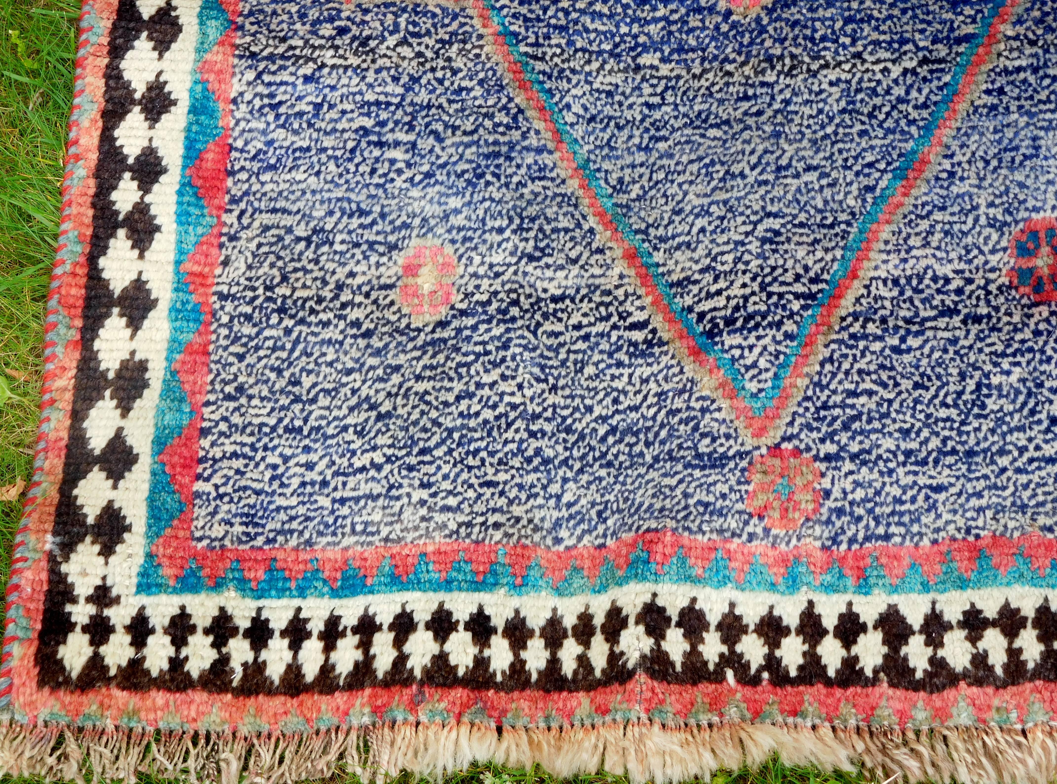 Dyed Vintage Persian Gabbeh Rug with Blue Field and Traditional Symbols, circa 1985 For Sale