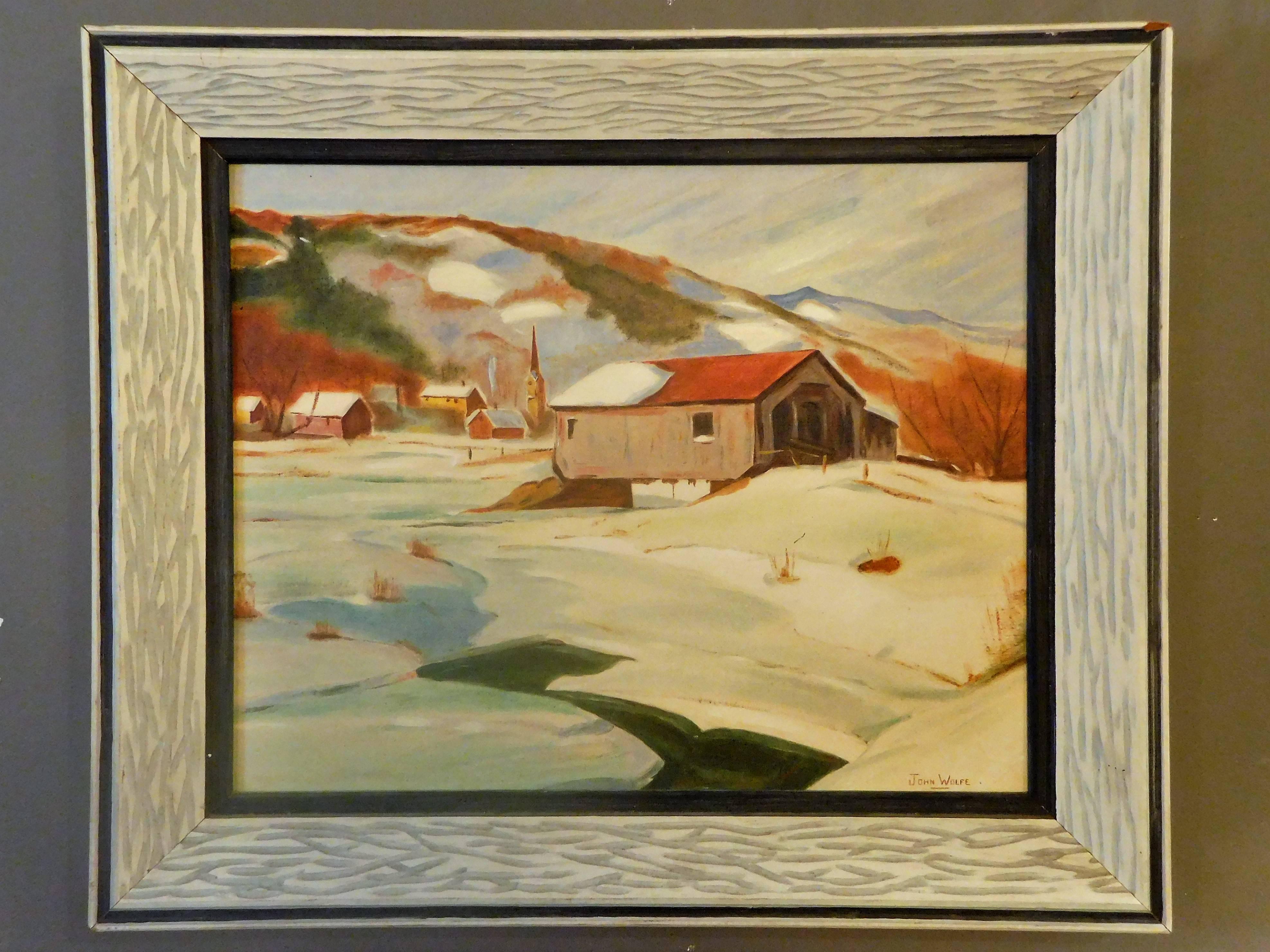 New England Winter Day, John Wolfe, Oil Paint on Academy Board, circa 1950 For Sale 2