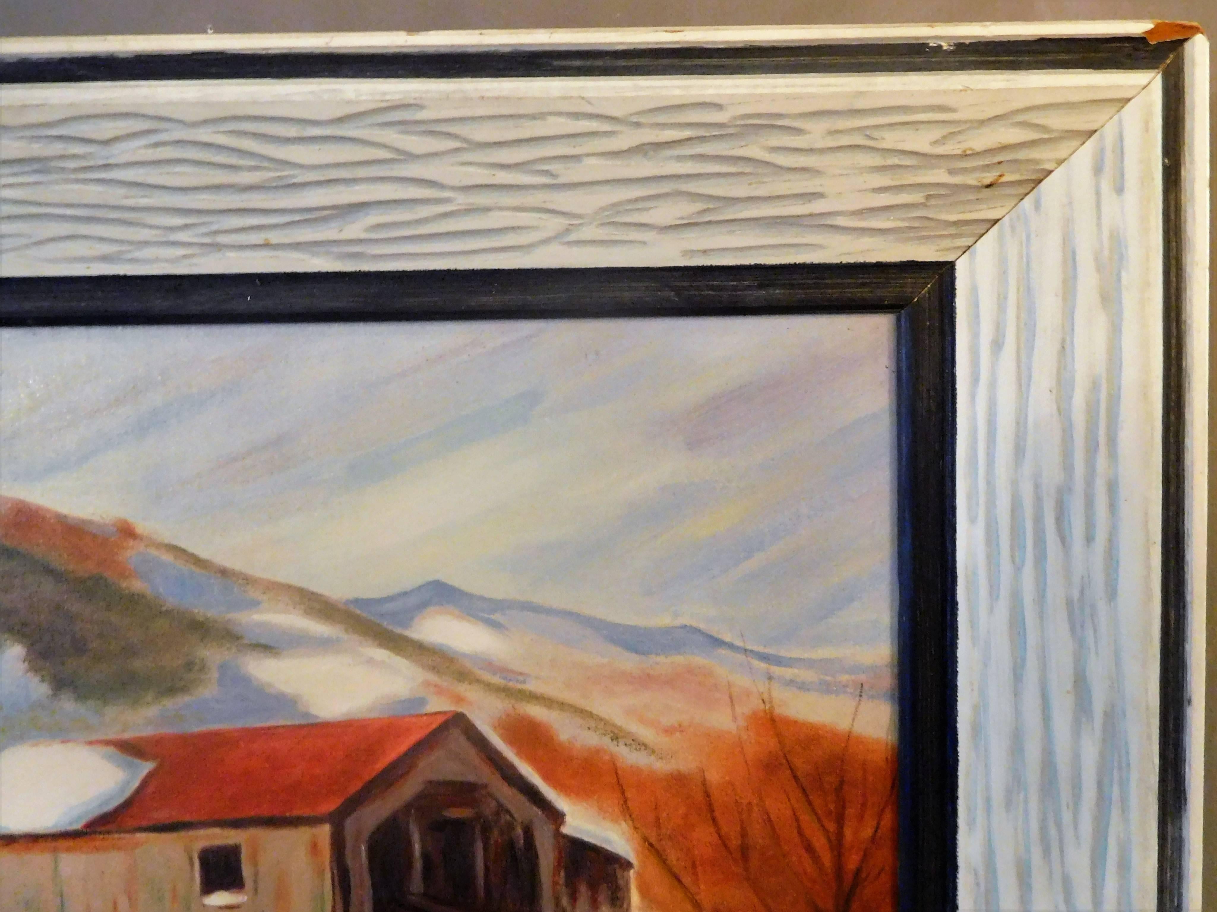 20th Century New England Winter Day, John Wolfe, Oil Paint on Academy Board, circa 1950 For Sale