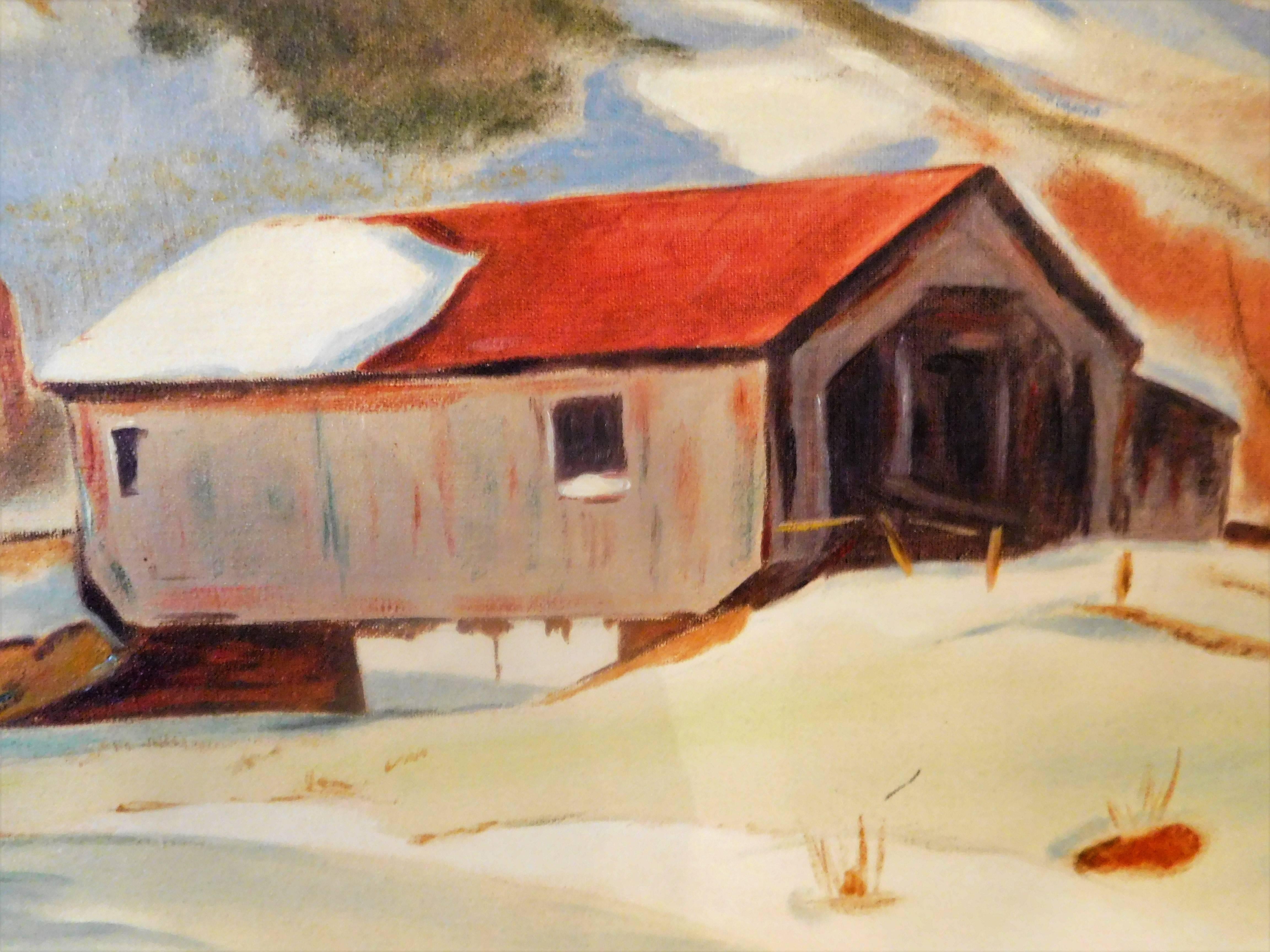 Brushed New England Winter Day, John Wolfe, Oil Paint on Academy Board, circa 1950 For Sale