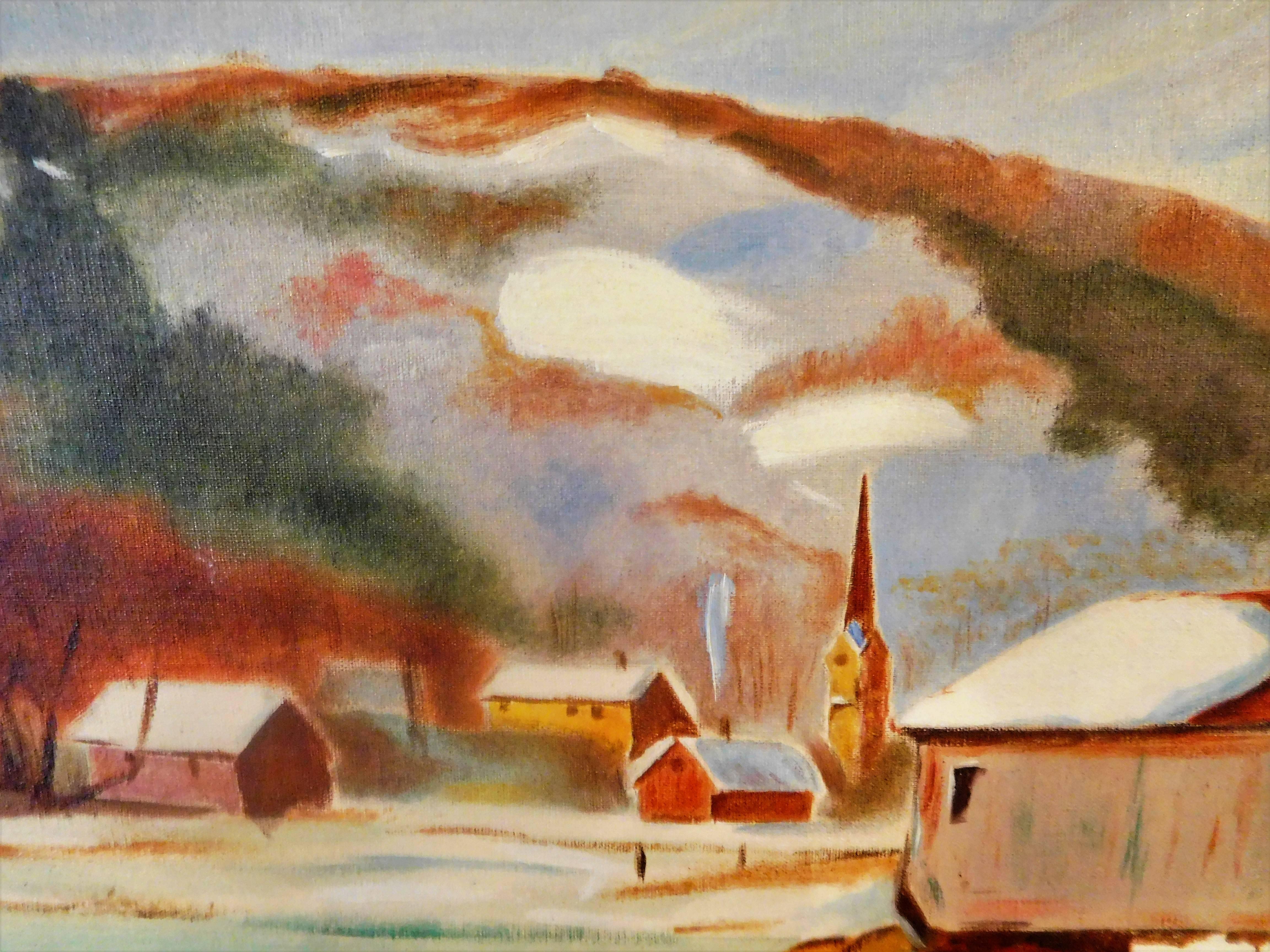 New England Winter Day, John Wolfe, Oil Paint on Academy Board, circa 1950 In Good Condition For Sale In Quechee, VT