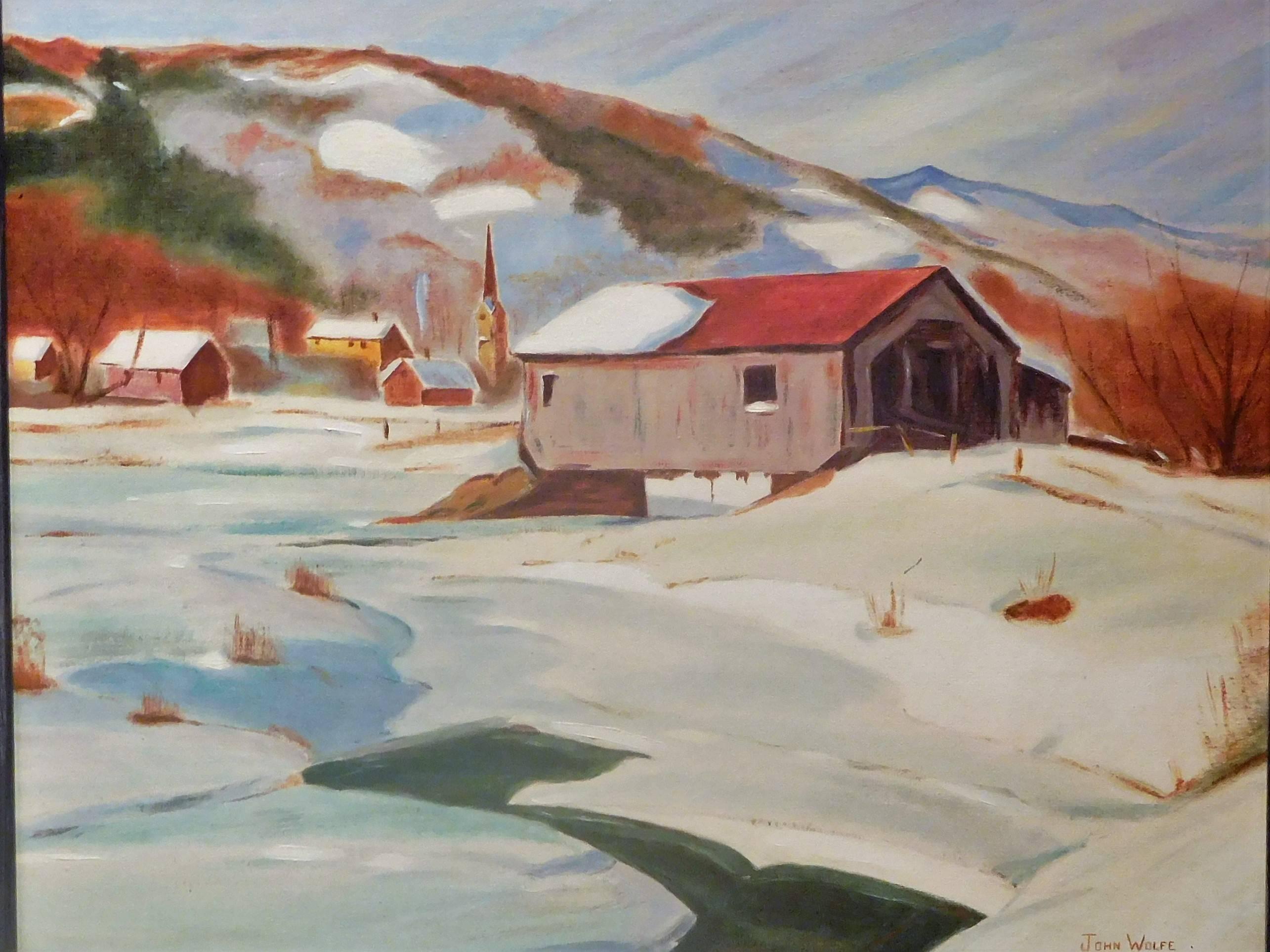 Expressionist New England Winter Day, John Wolfe, Oil Paint on Academy Board, circa 1950 For Sale