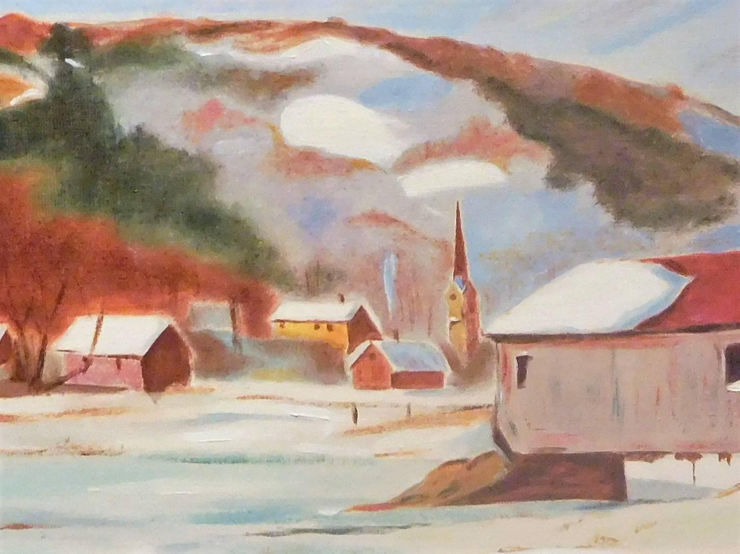 American New England Winter Day, John Wolfe, Oil Paint on Academy Board, circa 1950 For Sale
