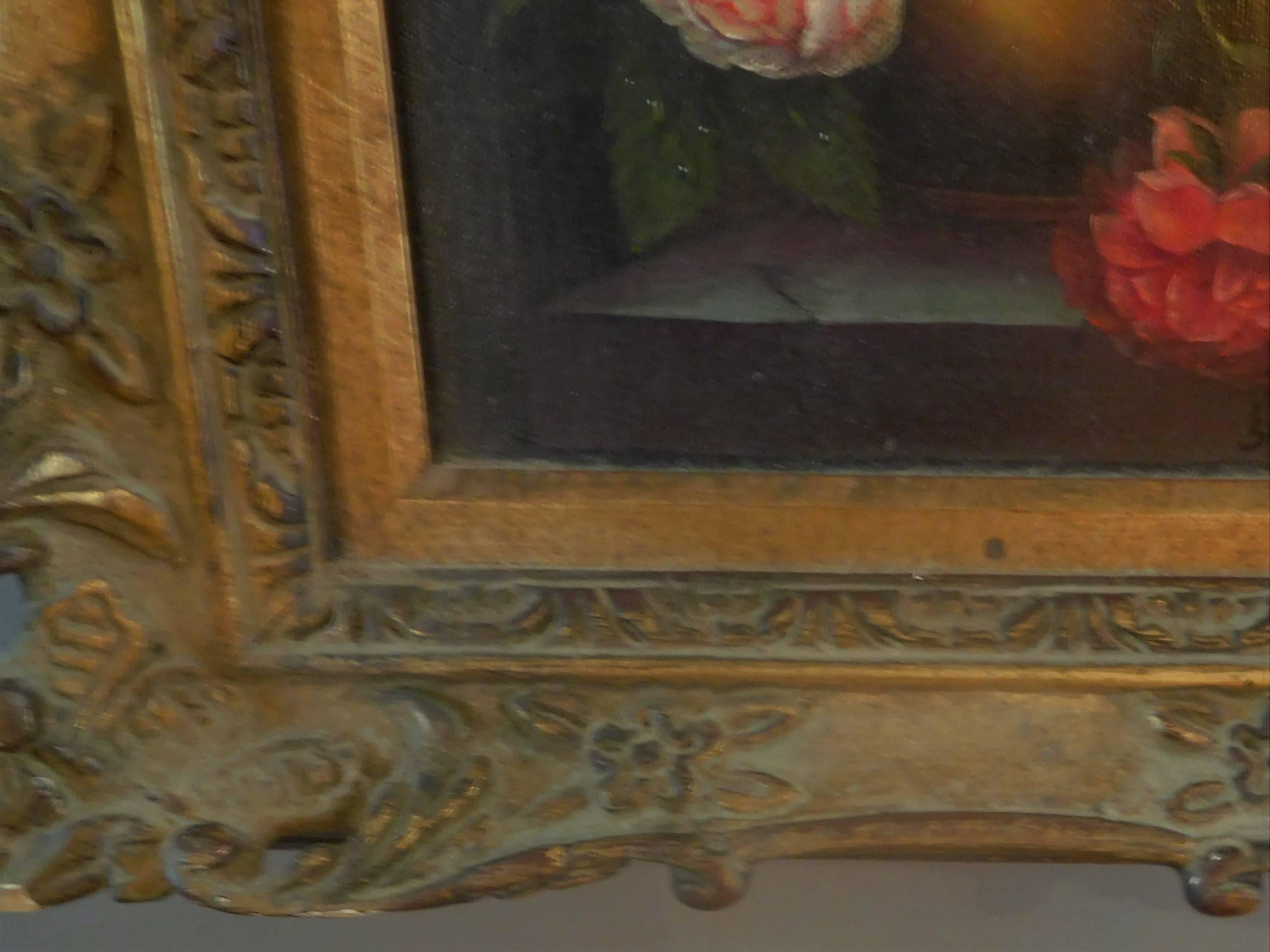This little painting by Austrian artist Josef Kamenitzky Steiner (1910-1981) is signed in the lower right. It was painted circa 1955 and is in its original antiqued Beaux-Arts style frame. The painting depicts a fresh bouquet of flowers with dew