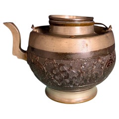 Quing Dynasty Antique Chinese pewter-mounted and carved coconut shell teapot