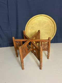 Antique Anglo-Indian Benares Brass Tray Table Hand-carved Folding Base