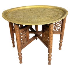 Antique Anglo-Indian Benares Brass Tray Table Hand-carved Folding Base