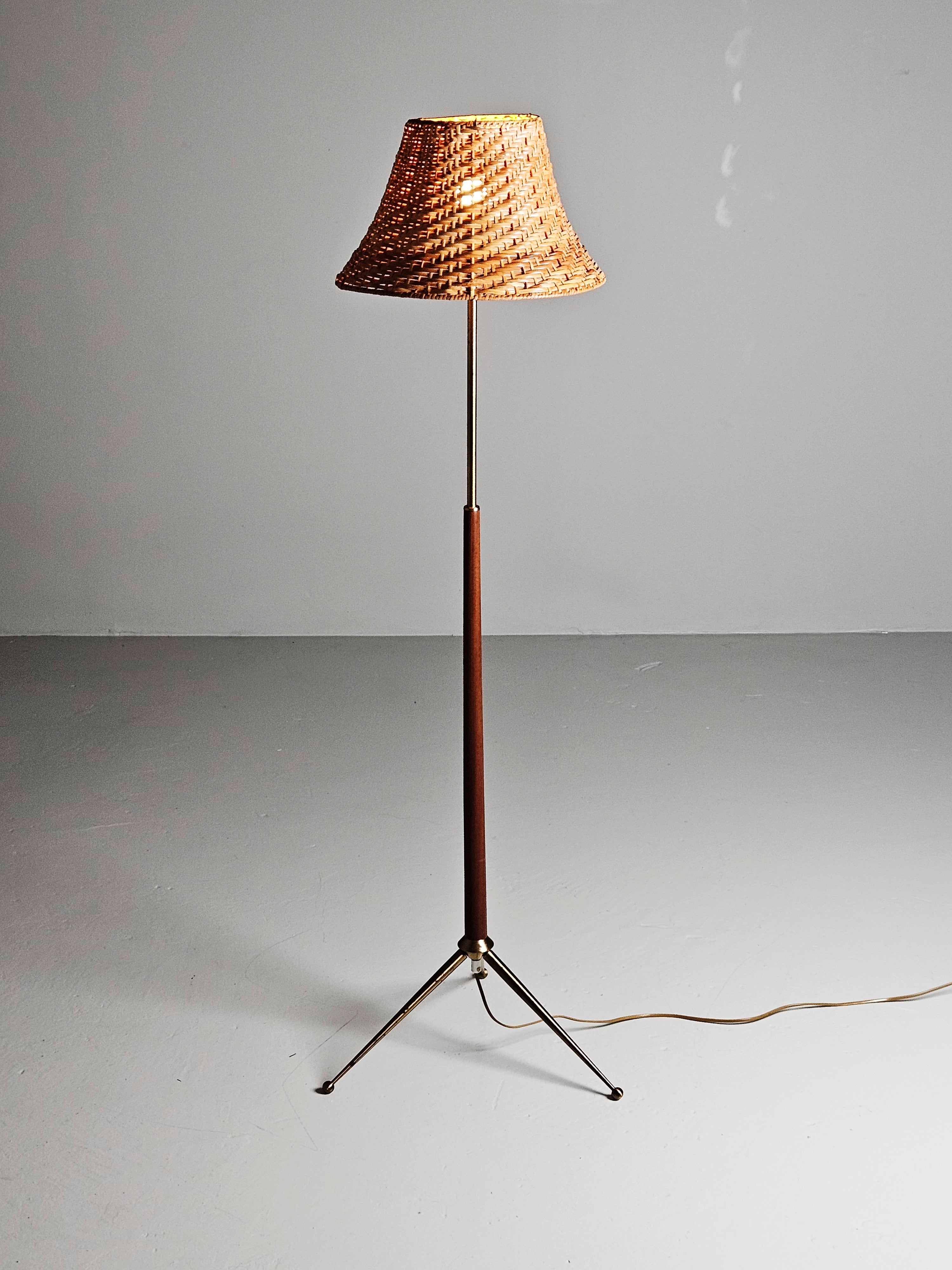 Scandinavian modern teak and brass floor lamp by unknown designer, Sweden, 1960s For Sale