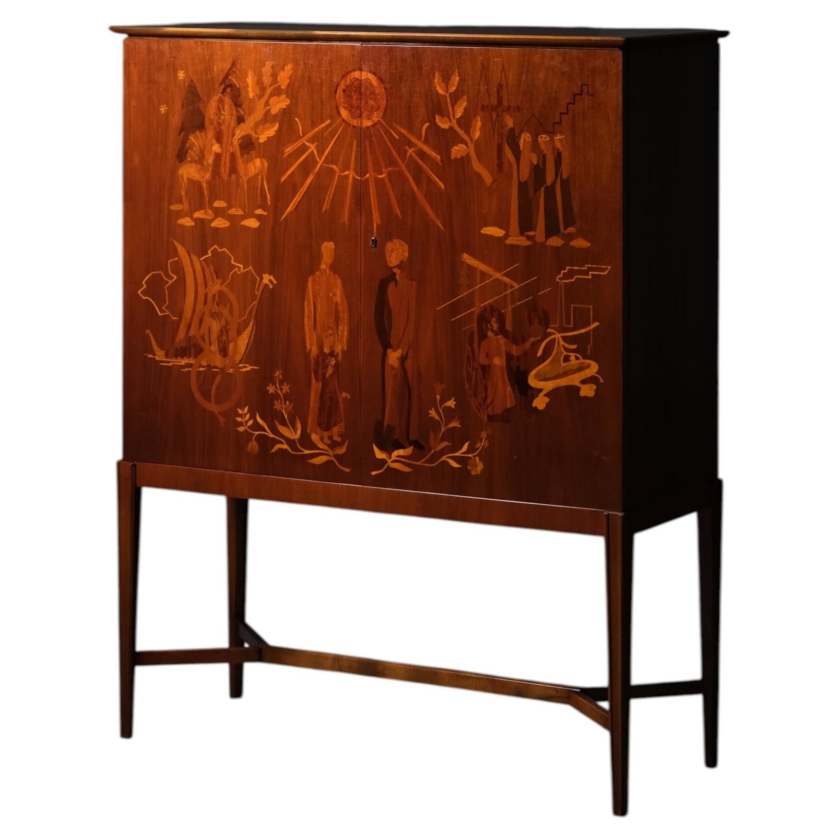 Cabinet Attributed to Erik Matsson in Inlaid Wood and Beech, Sweden, 1940s