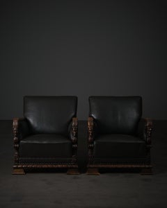 Pair of Lounge Chairs by Unknown Designer in Oak and Leather, Sweden, 1920s