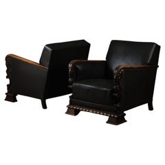 Pair of Lounge Chairs by Unknown Designer in Oak and Leather, Sweden, 1920s