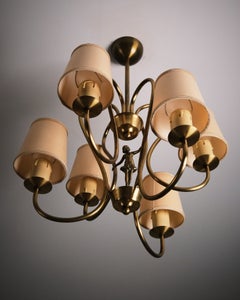 Lampadario moderno scandinavo a sei bracci in ottone, Svezia, anni ’40