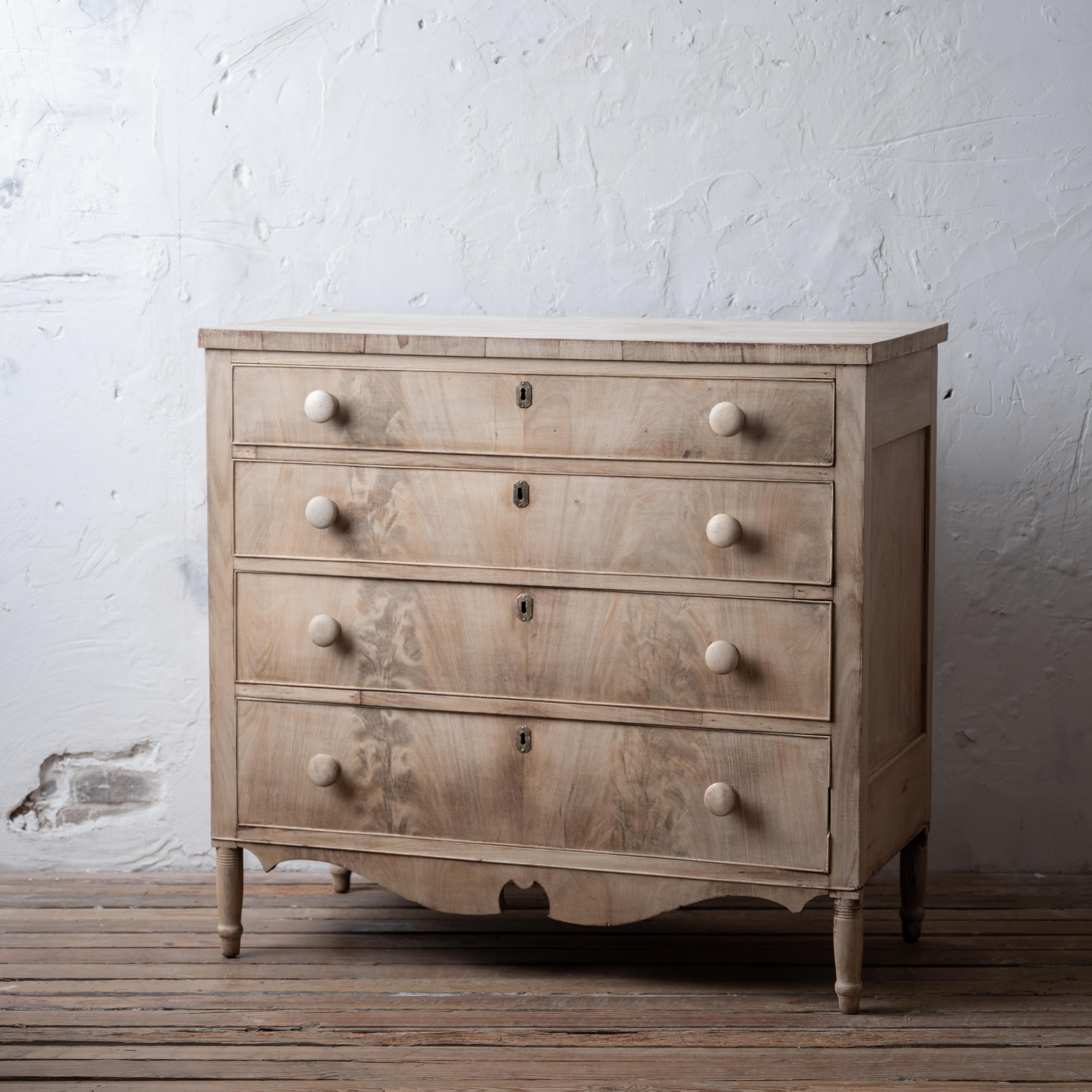 A bleached mahogany American Sheraton chest of drawers, circa 1810.



41 ¾ inches wide by 21 ½ inches deep by 39 inches tall





