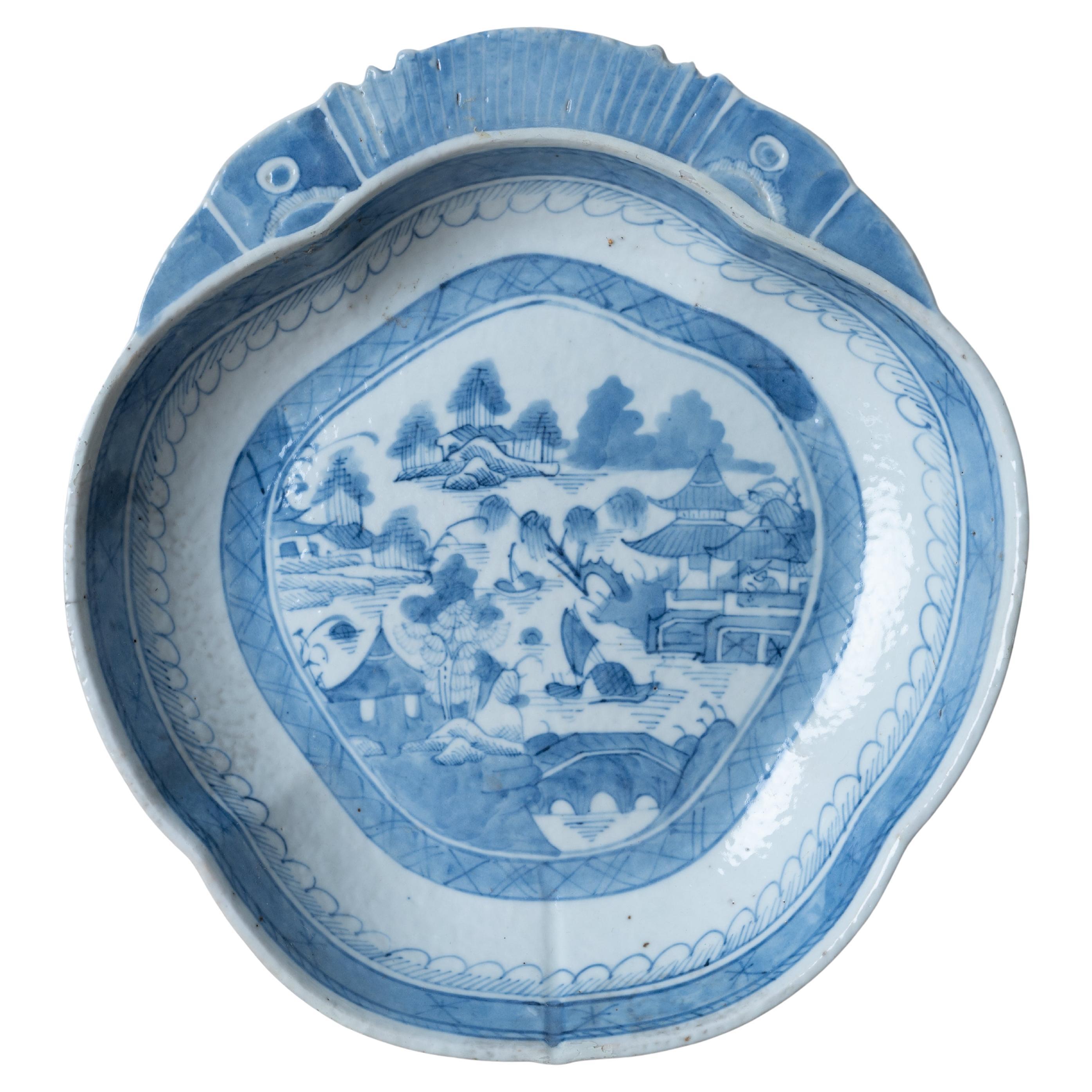 Chinese Blue Canton Shrimp Dish For Sale
