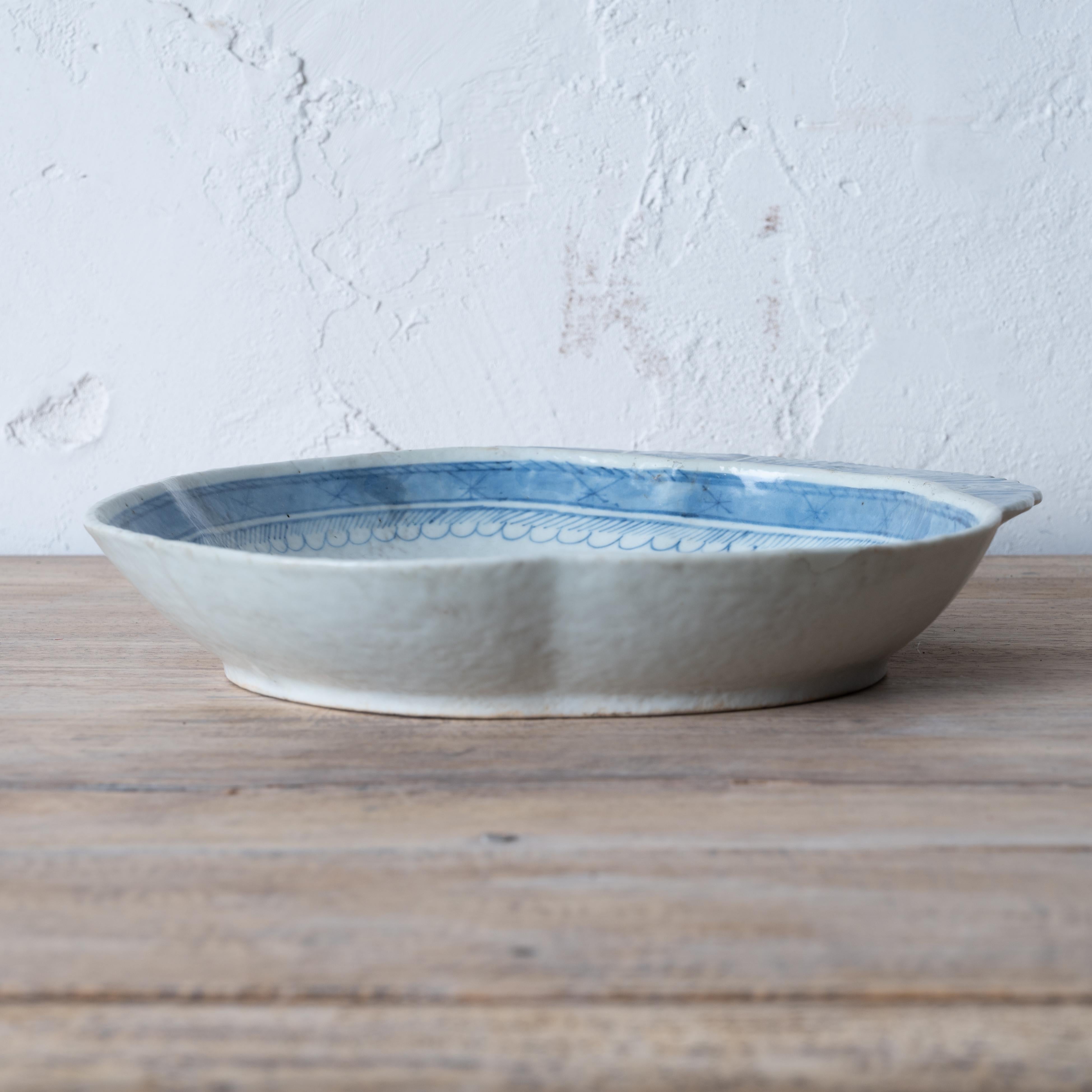 Porcelain Chinese Blue Canton Shrimp Dish For Sale
