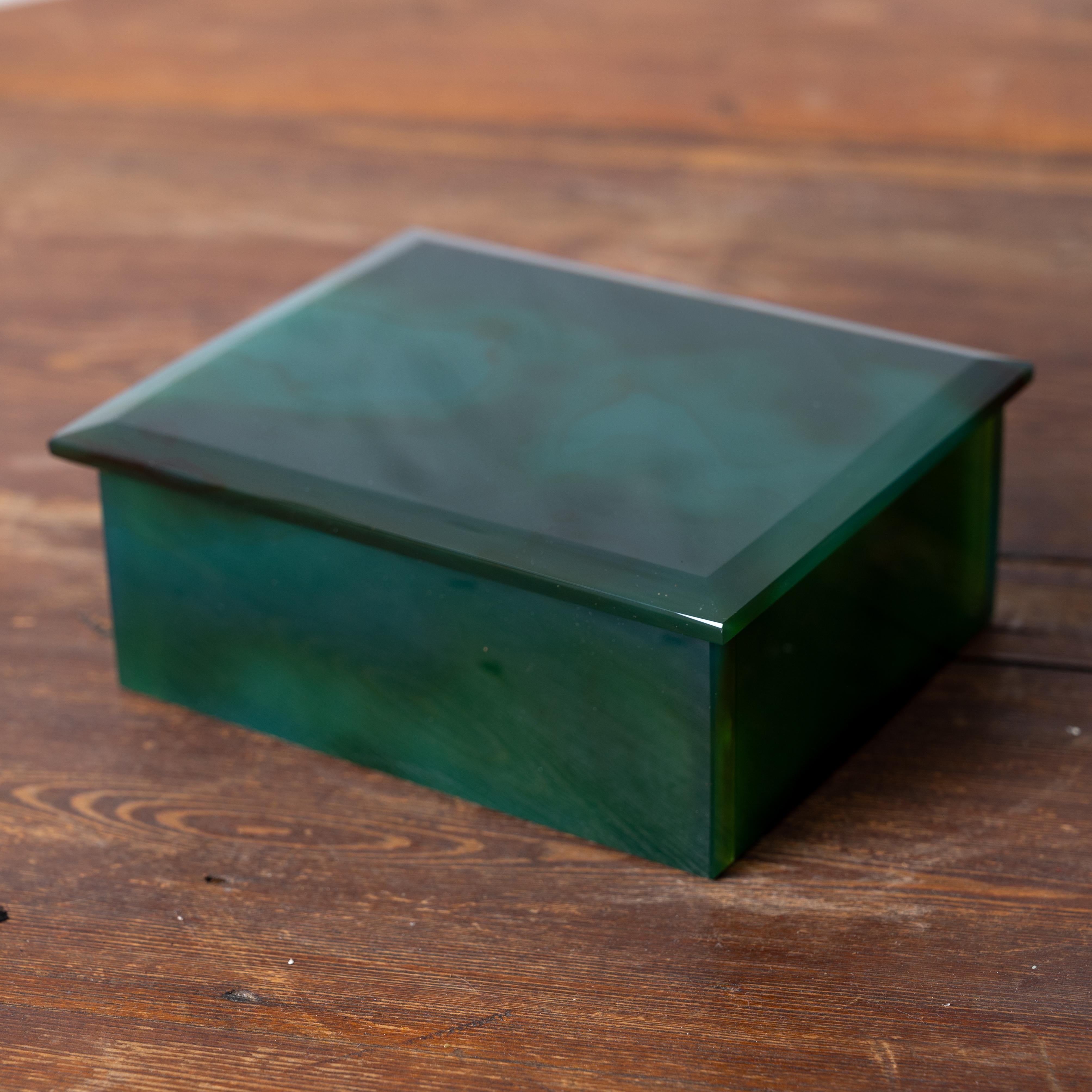A vintage green opaline glass box. 



4 ¾ inches wide by 4 inches deep by 2 inches tall



