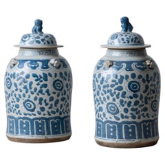 Pair of Chinese Blue and White Glazed Jars With Foo Dog Finials