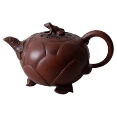 Chinese Yixing Zisha Lotus-Form Teapot with Frog Finial, 20th Century