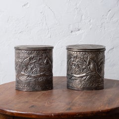 Pair of Silverplate Repousse Monkey Canisters, 20th Century