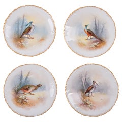 Piatti con motivi di uccelli Pouyat Limoges, set da 4, primi anni del XX secolo