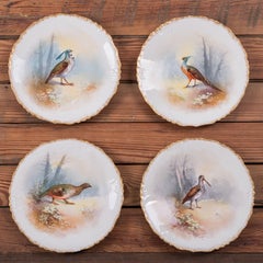 Piatti con motivi di uccelli Pouyat Limoges, set da 4, primi anni del XX secolo