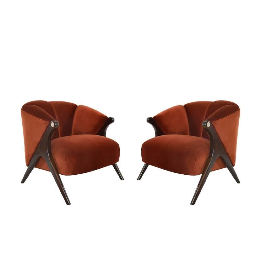 Modernist Karpen of California Lounge Chairs in Red Velvet
