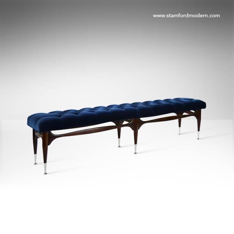 Midcentury Sculptural Tufted Bench In Navy Blue Velvet For