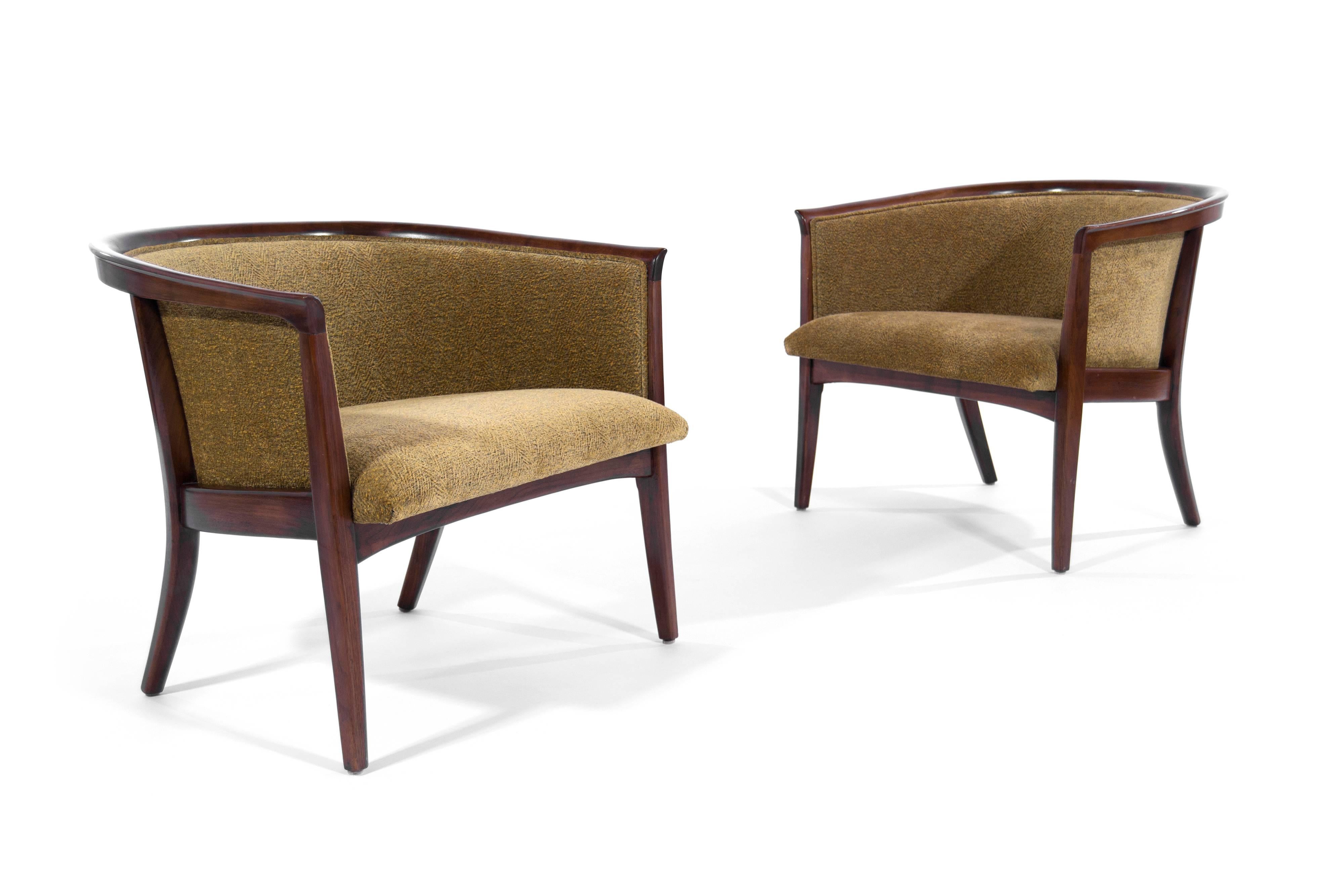 Stunning pair of low profile lounge chairs designed by Milo Baughman for Thayer Coggin, circa 1950s.

Walnut frames fully restored, newly upholstered in chenille.