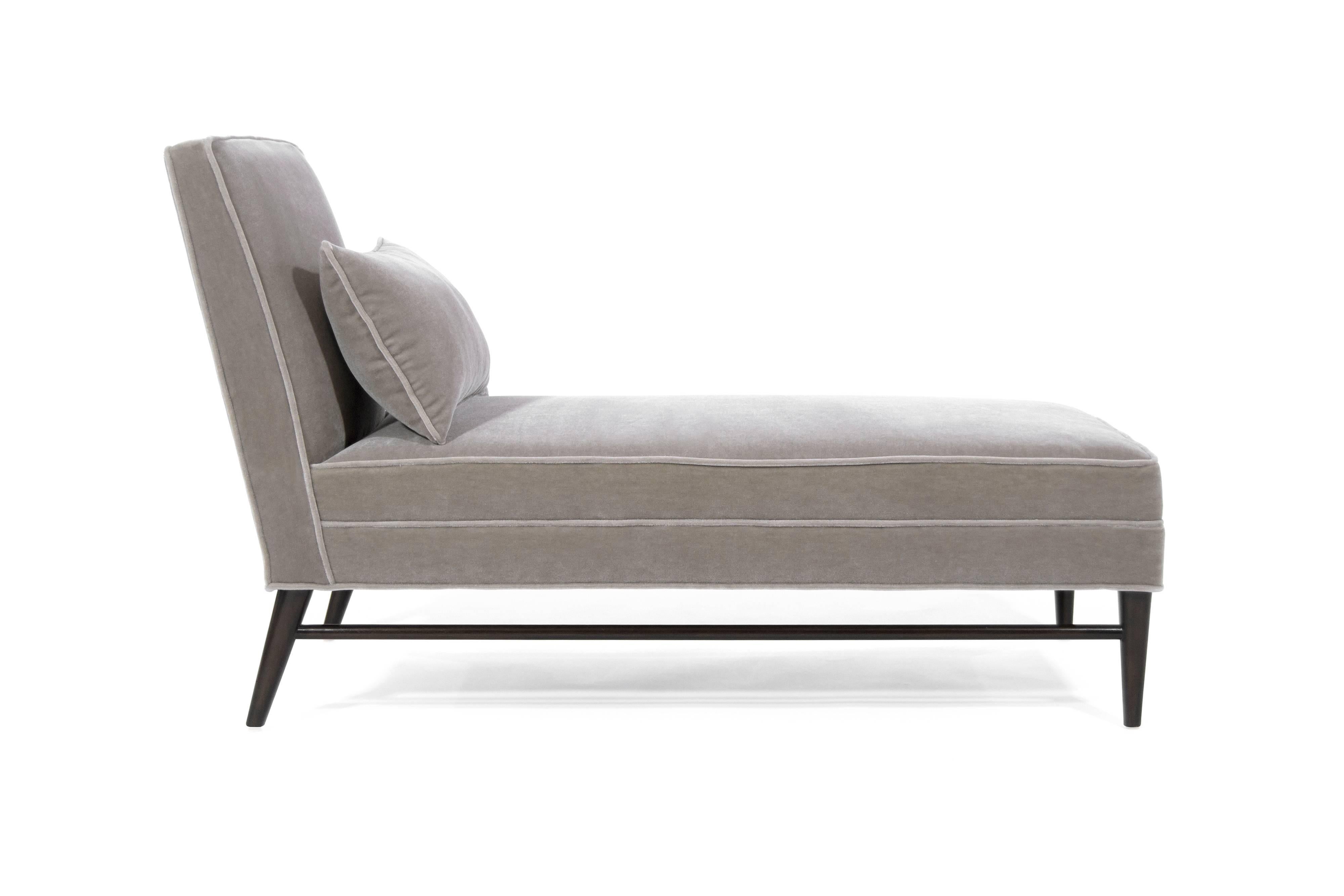 Rare chaise lounge designed by Paul McCobb for Directional.
Newly upholstered in grey mohair. Walnut base fully restored.