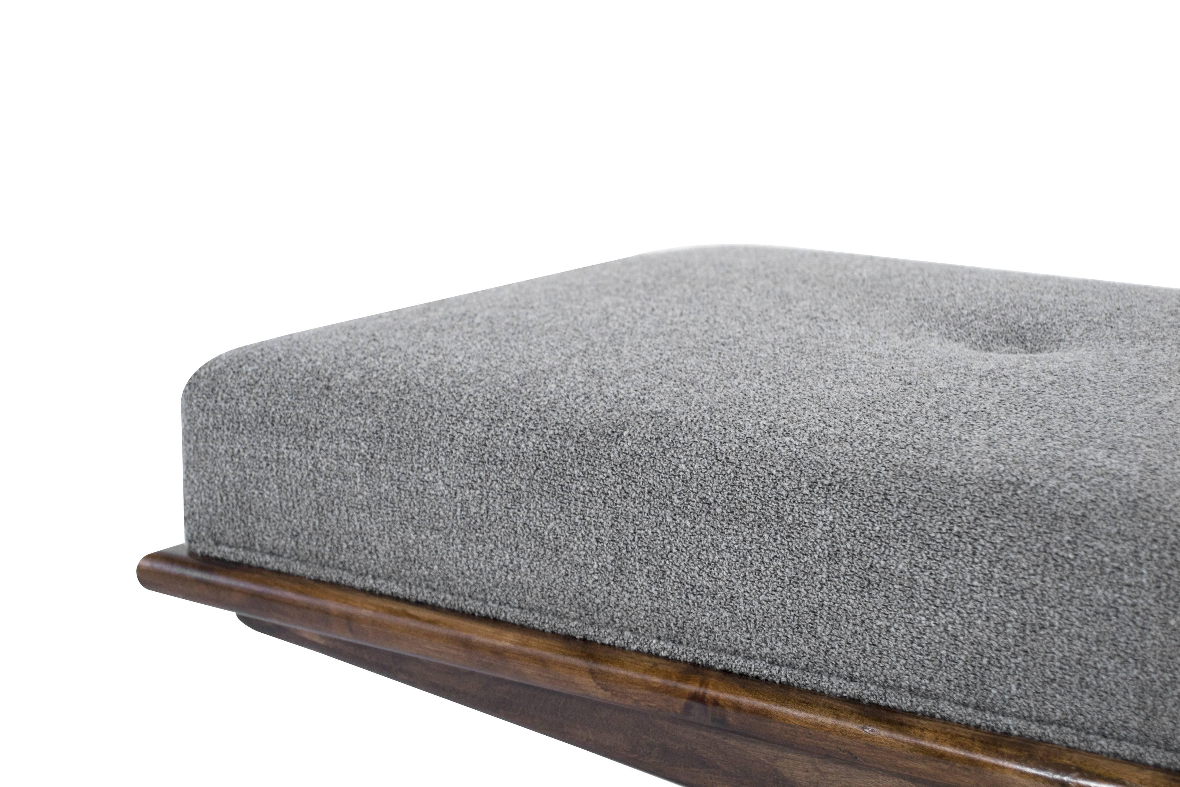 Contemporary Walnut Convex Bench in Grey Boucle