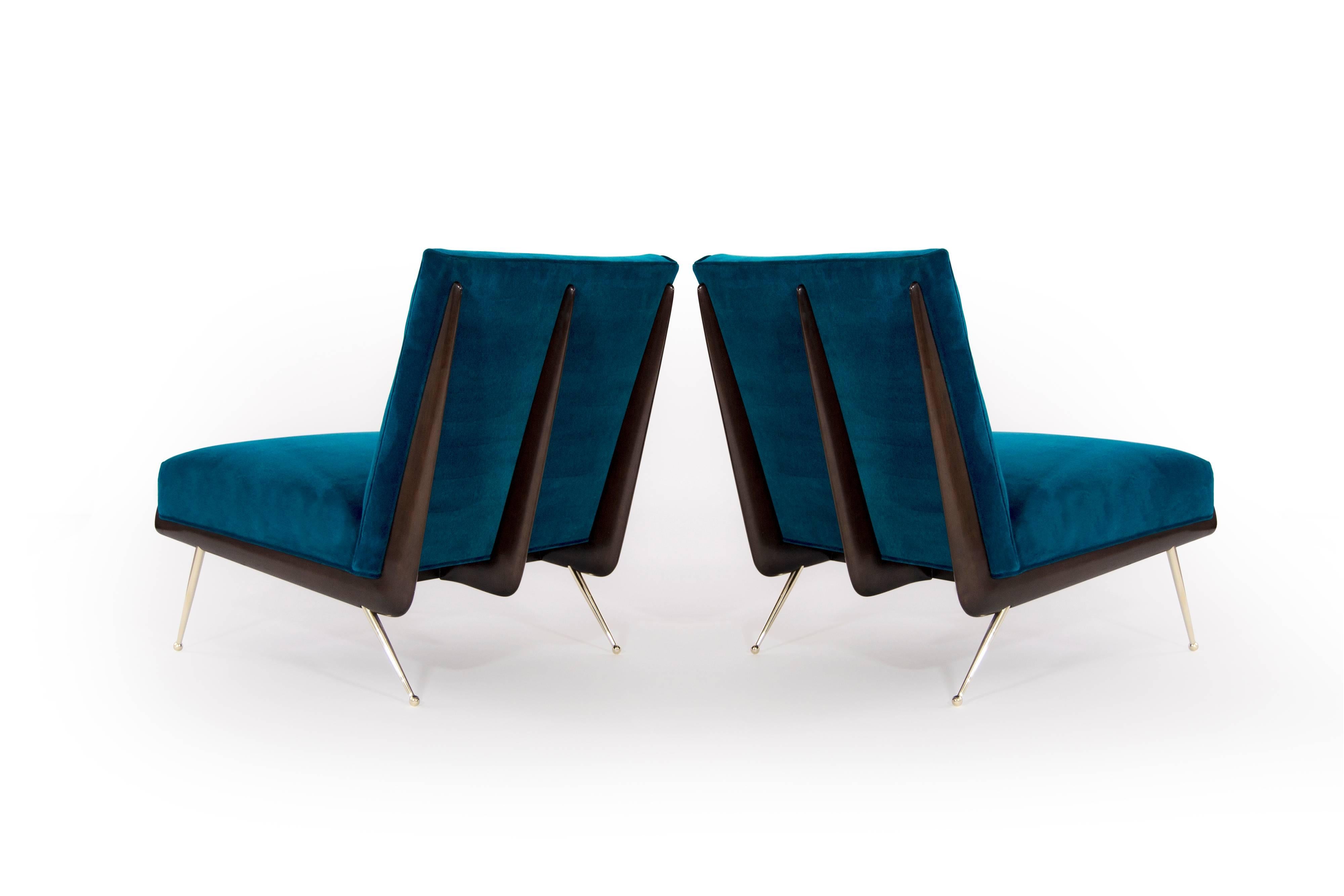 American Gio Ponti Style Bommerang Lounge Chairs on Brass Legs
