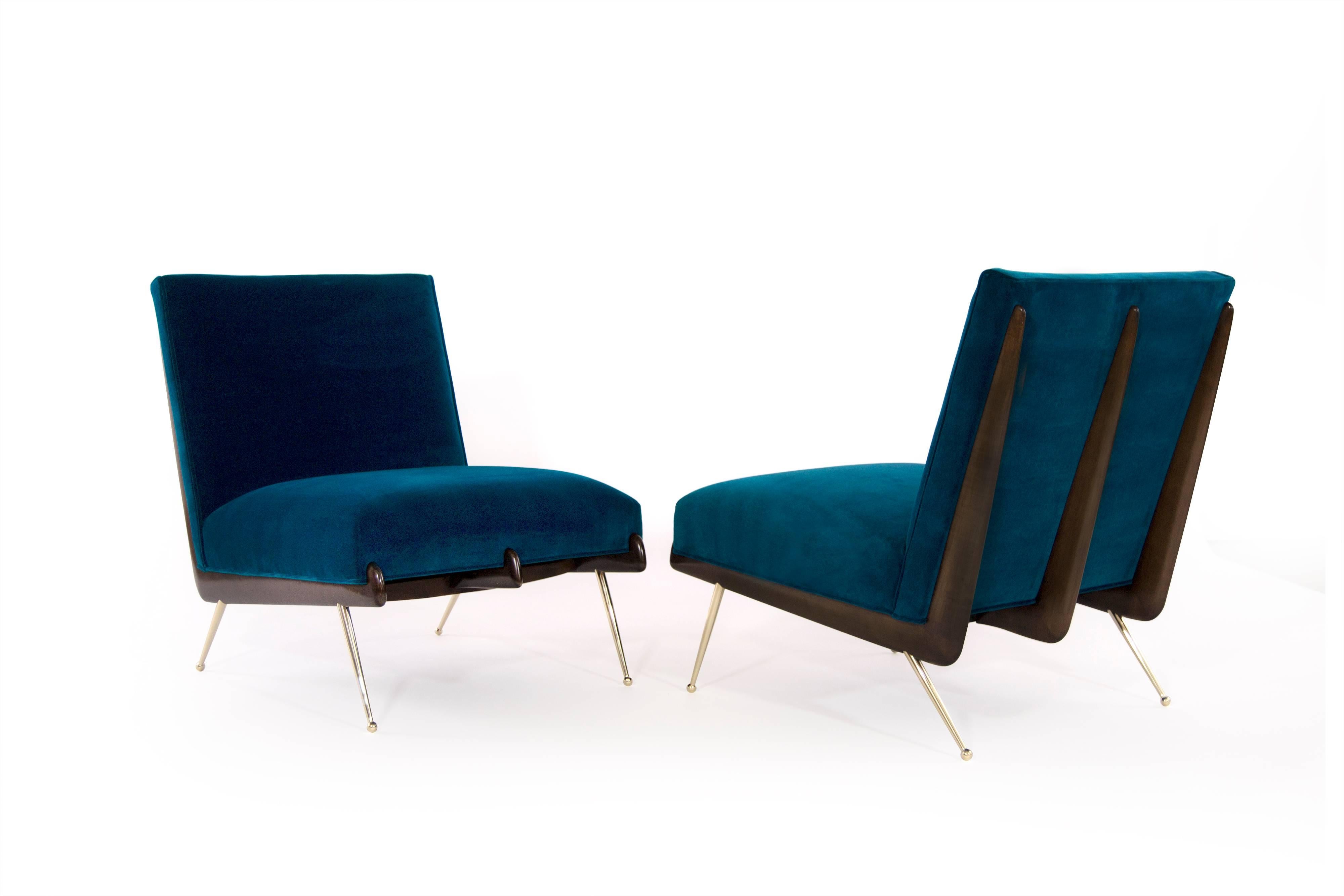 Gio Ponti Style Bommerang Lounge Chairs on Brass Legs In Excellent Condition In Westport, CT