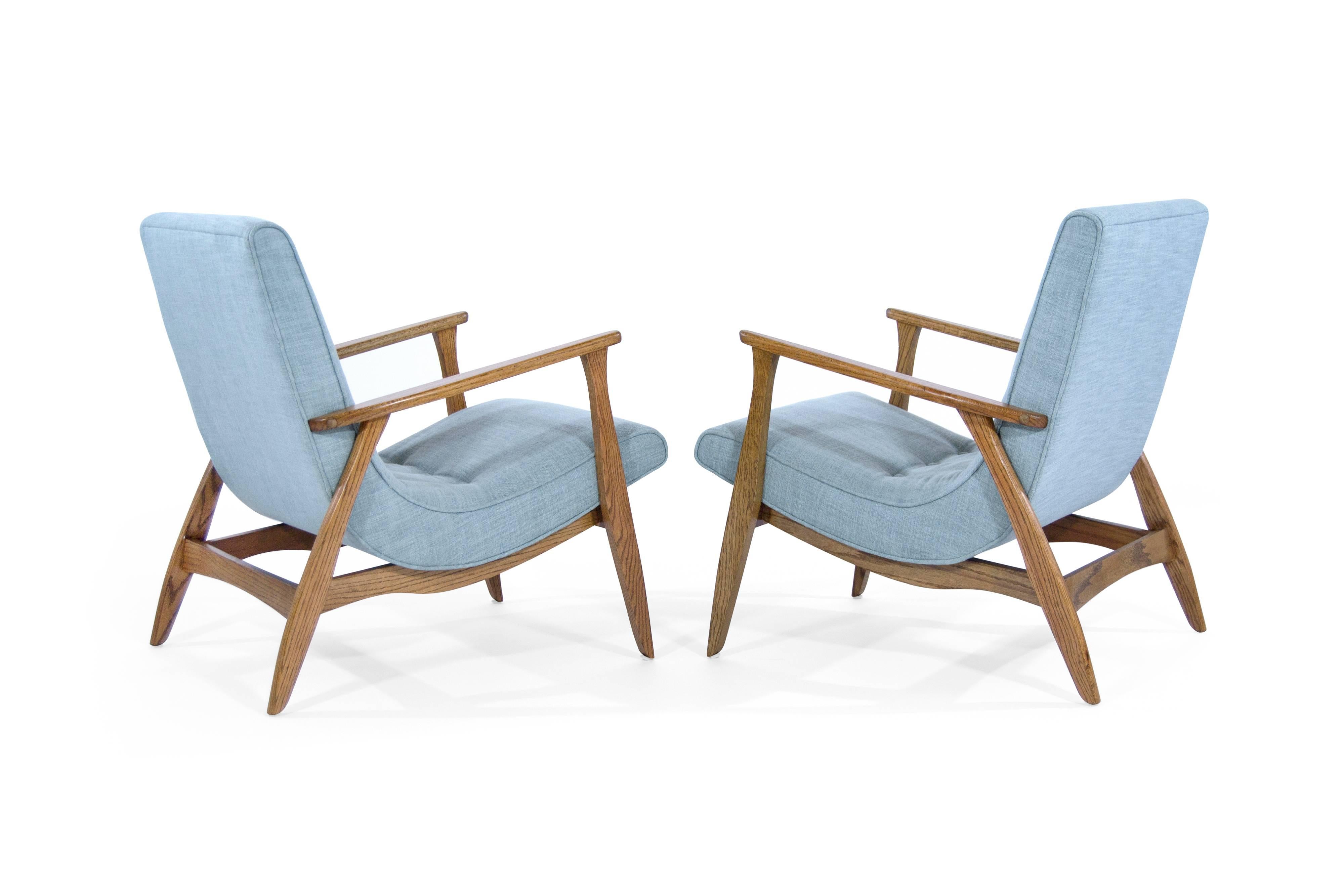 Mid-Century Modern Modernist Scoop Oak Lounge Chairs in Linen