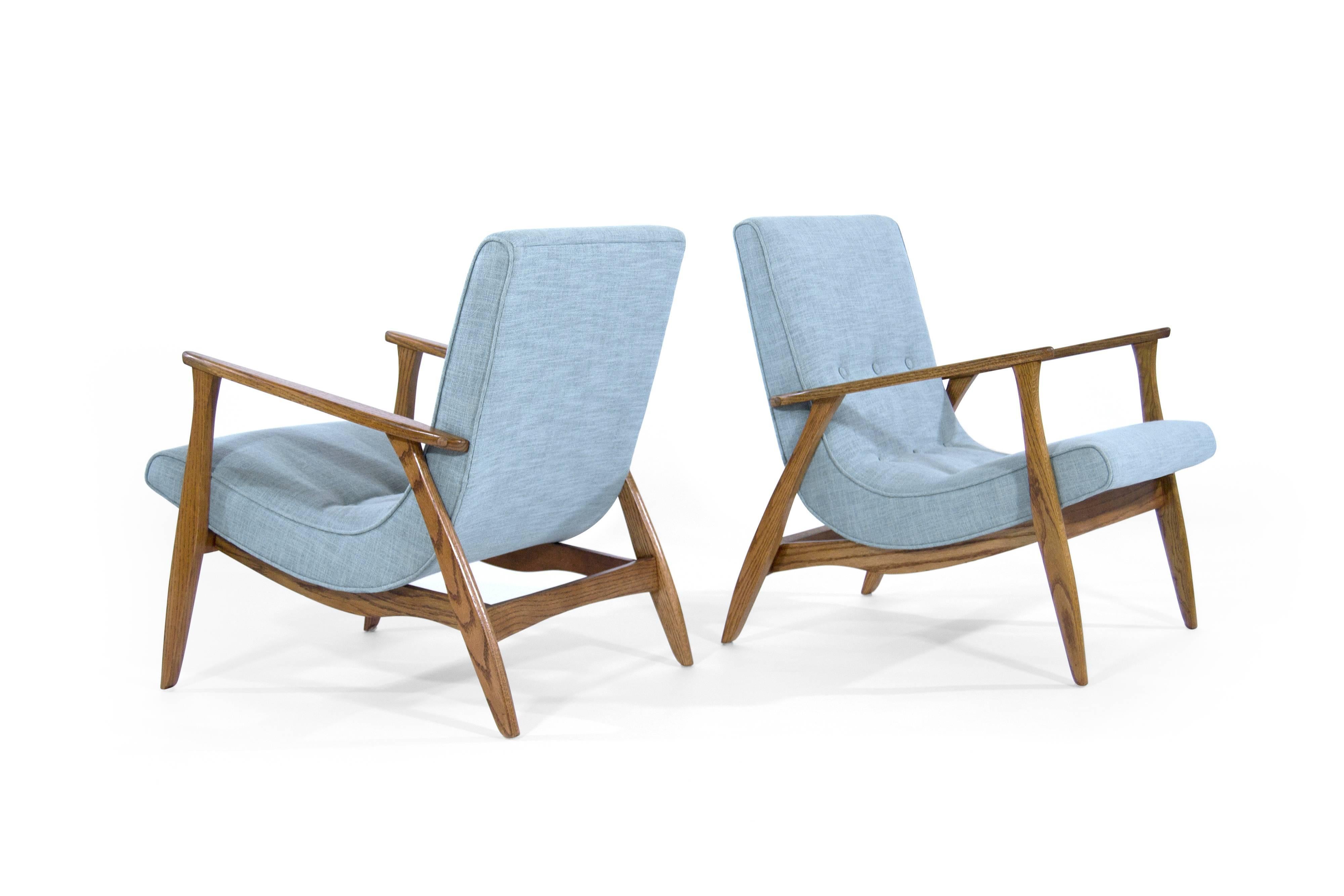 American Modernist Scoop Oak Lounge Chairs in Linen