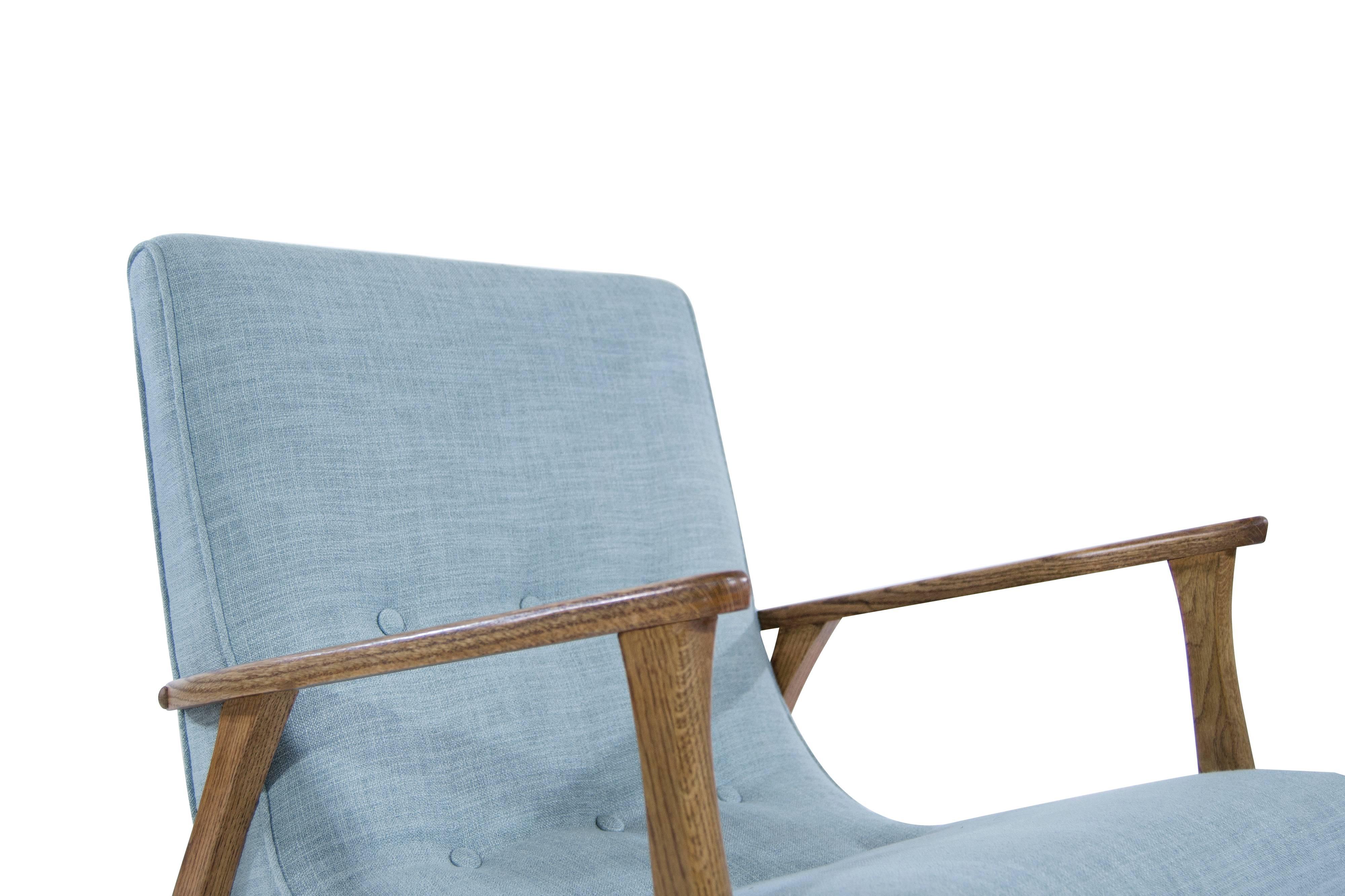 Modernist Scoop Oak Lounge Chairs in Linen 1