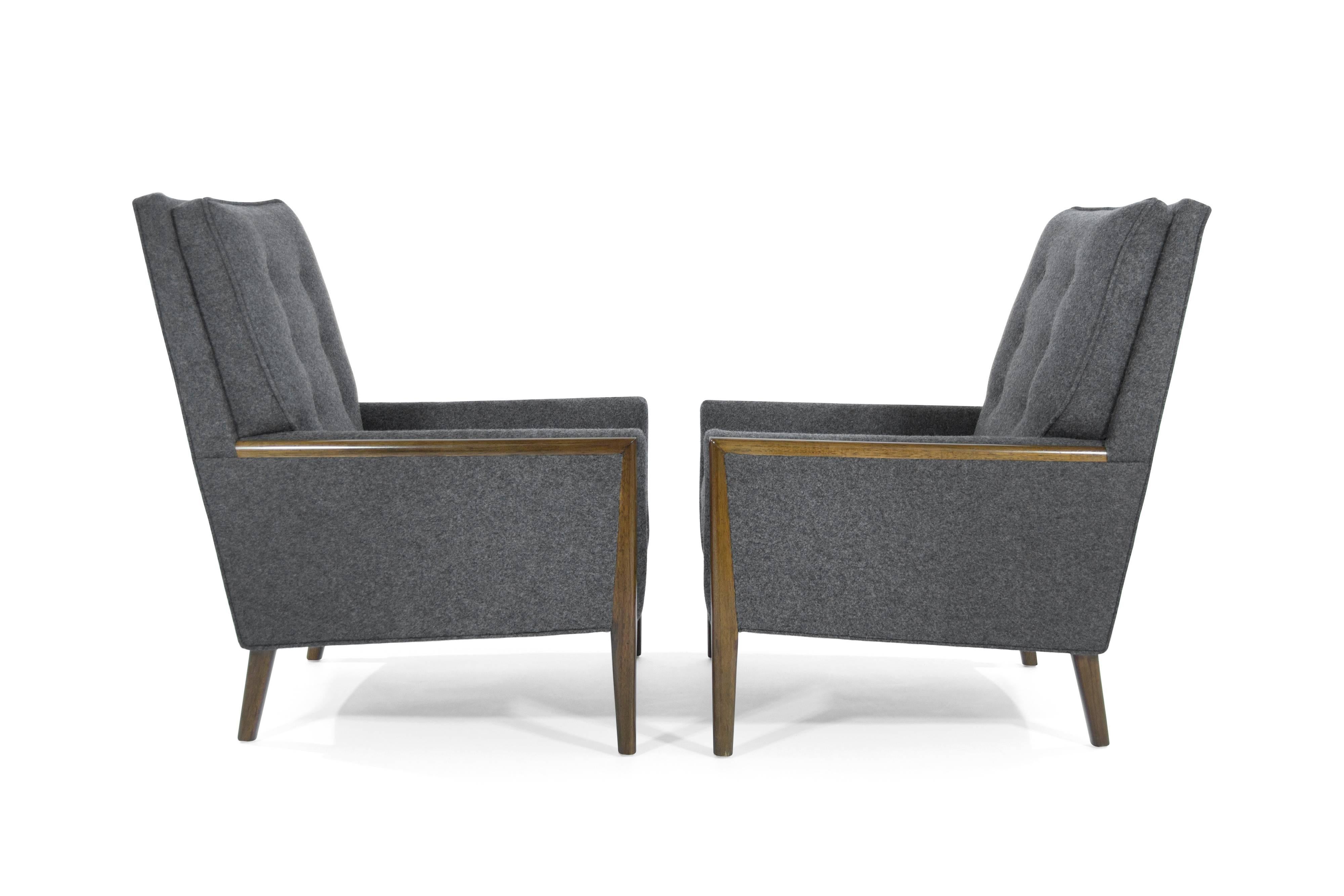 American Mid-Century Modern High Back Lounge Chairs in Grey Wool