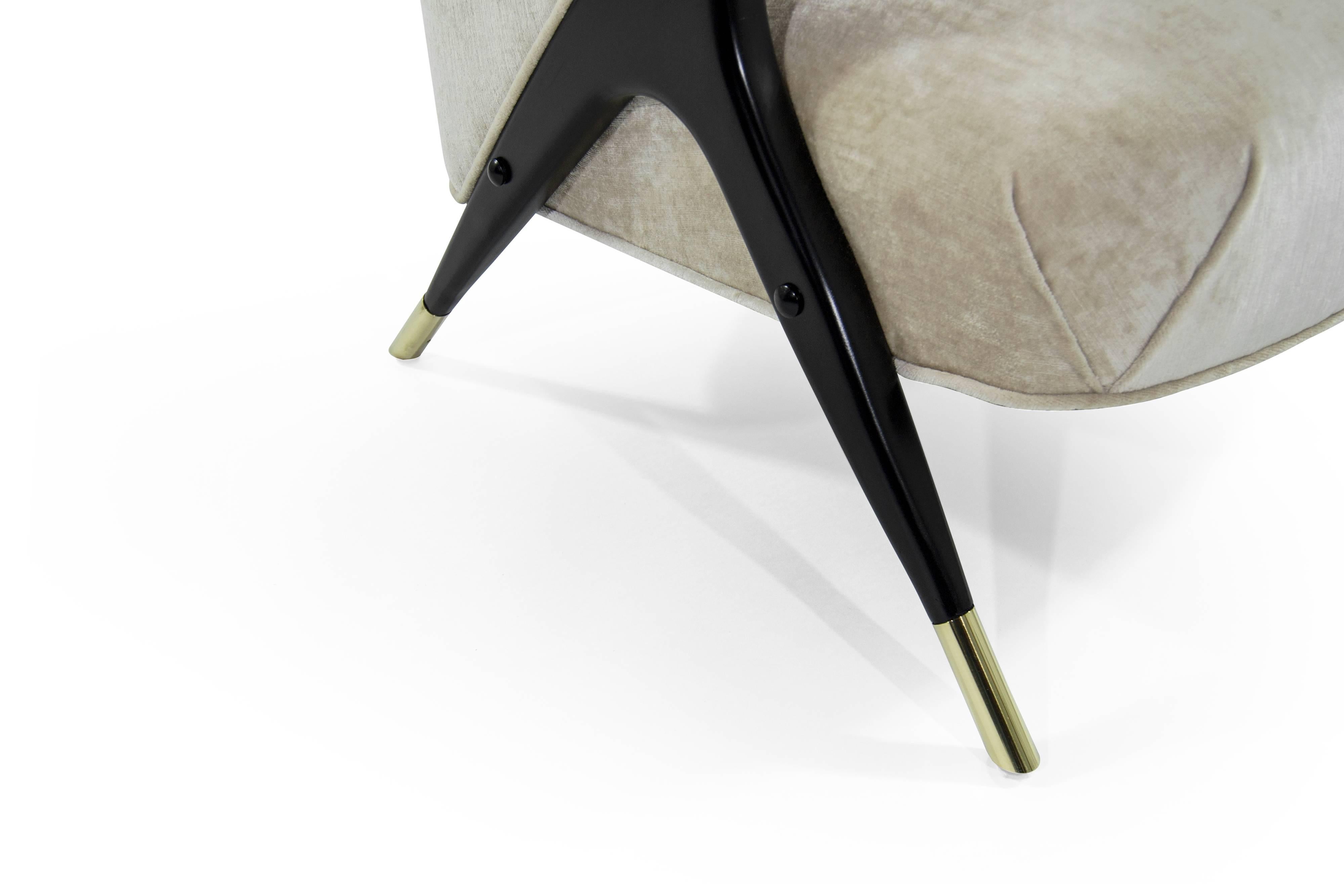 Brass Modernist Karpen Lounge Chairs in Beige Chenille